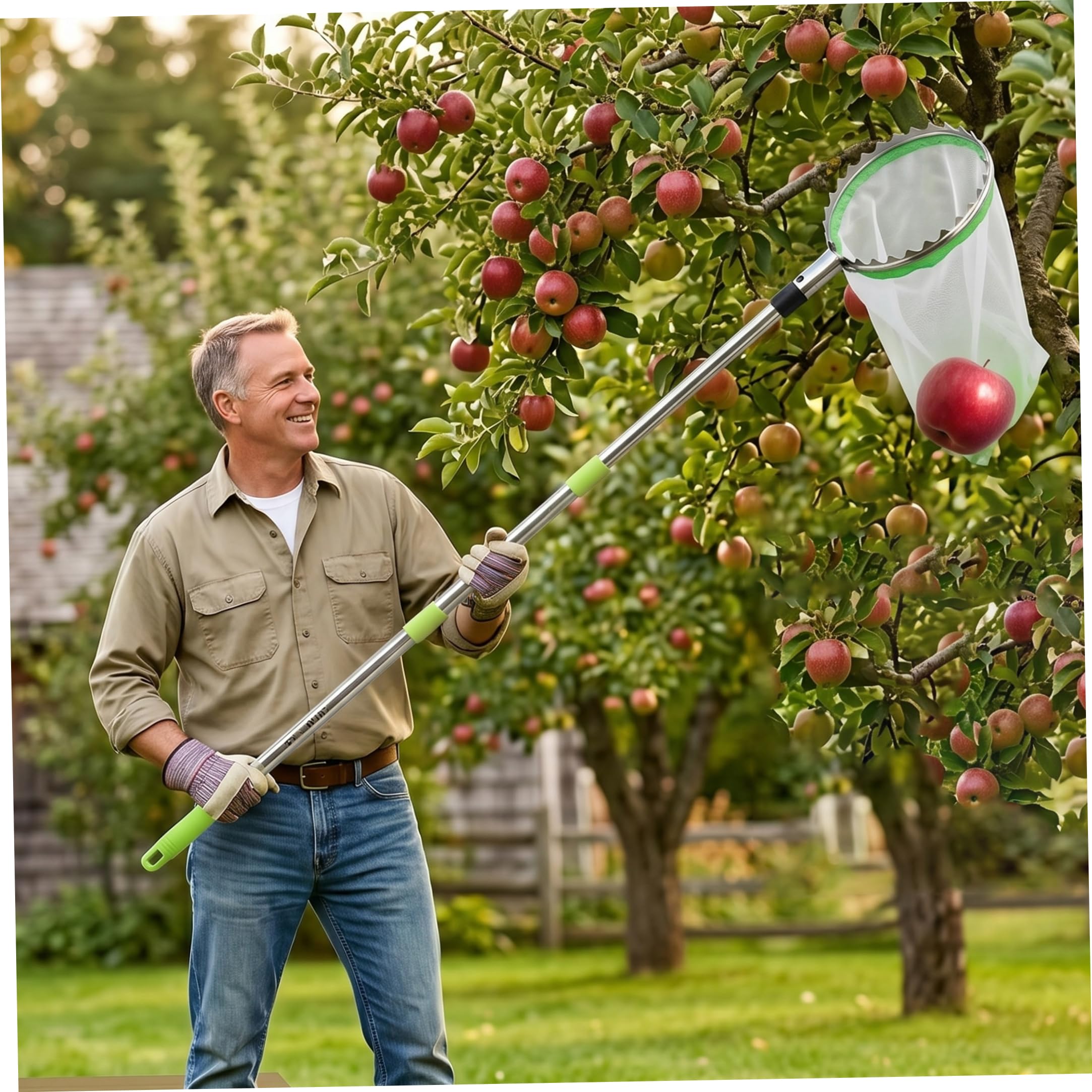 Raccoglifrutta, Asta raccoglifrutta telescopica a 10 sezioni con cestello – estende Fino a 4 m/13, 12 Piedi, Portatile per Mele, prugne, Argento e Verde, Asta con cestello telescopico
