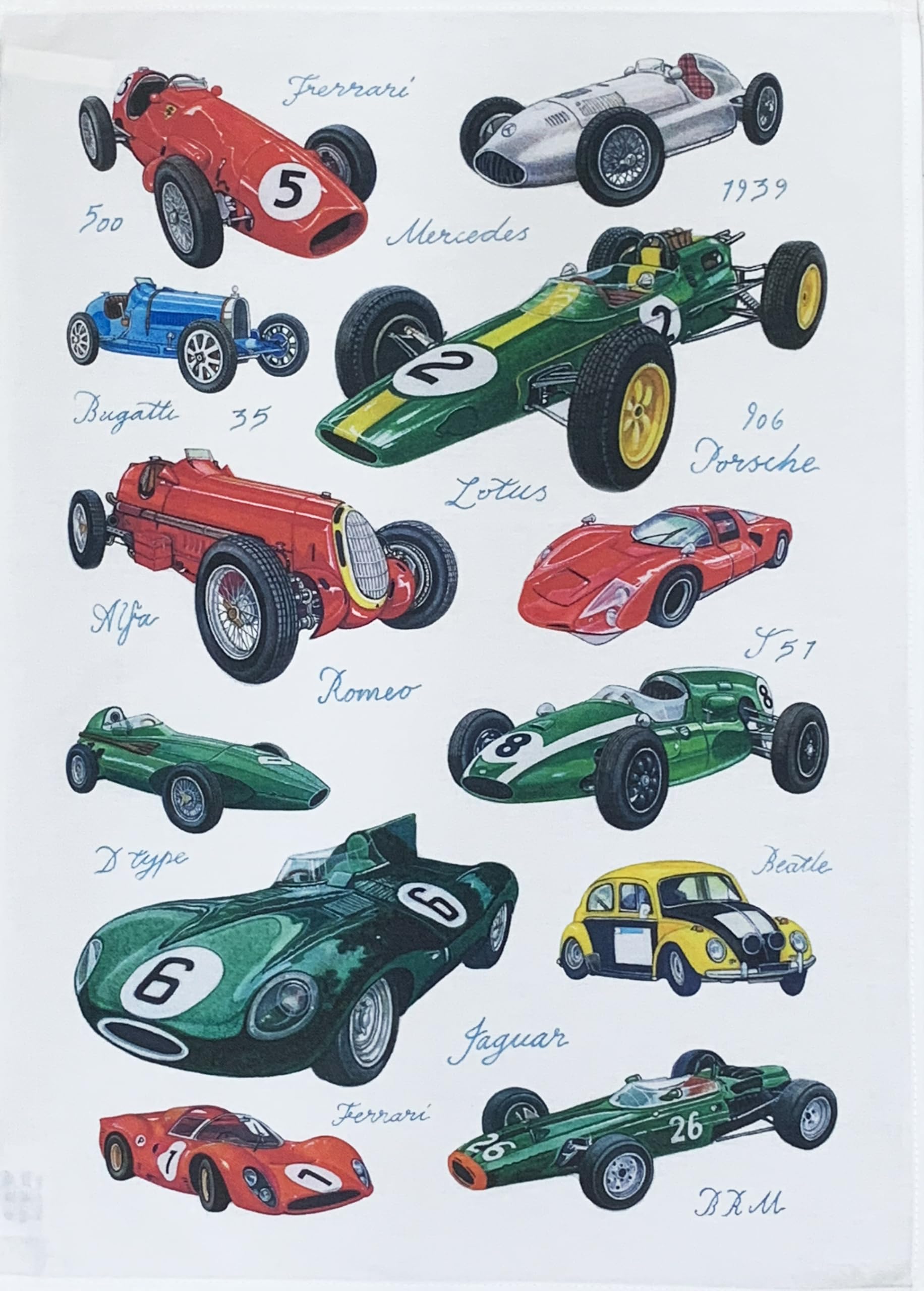 Half A Donkey White Classic Racing Cars Large Cotton Tea Towel