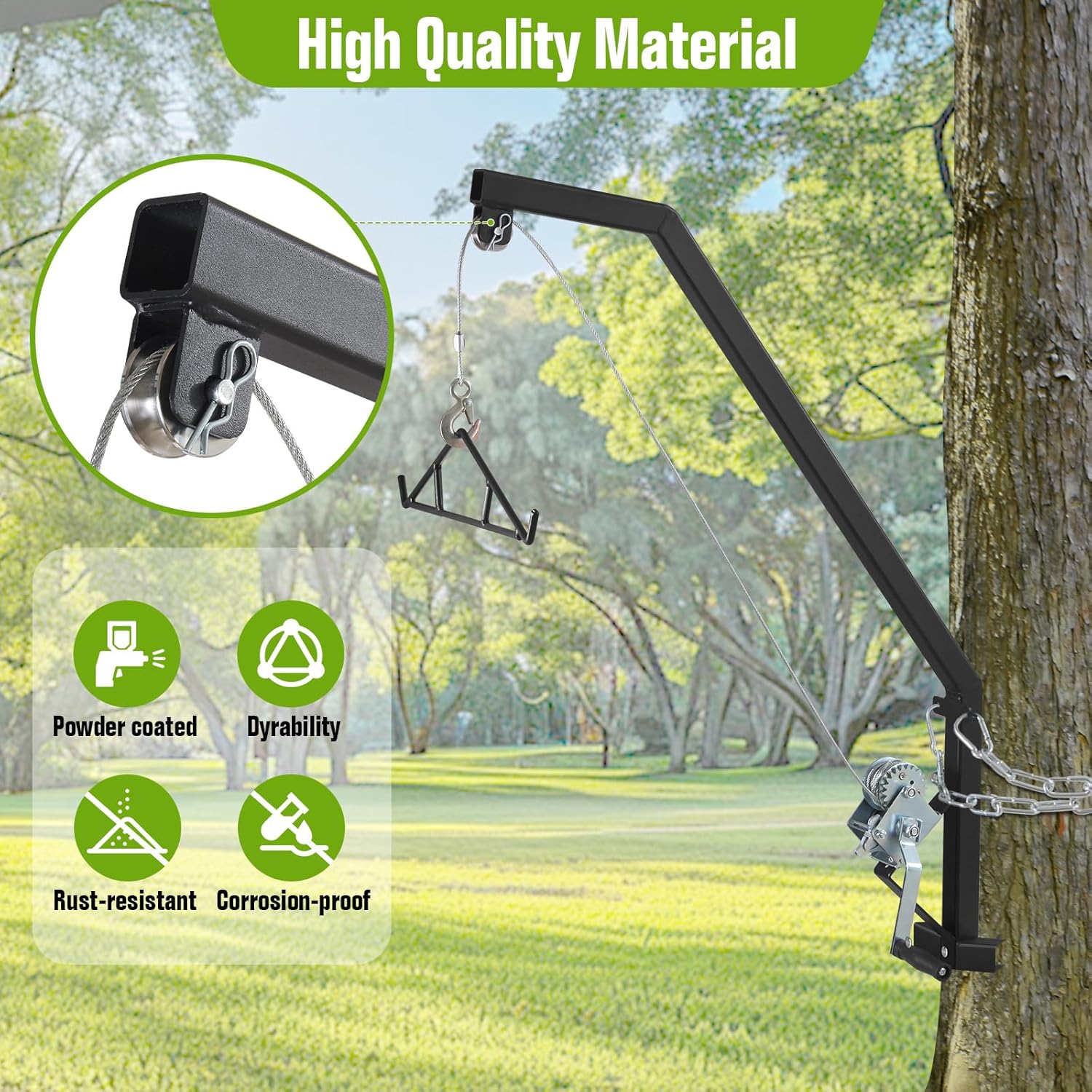 500 LB Tree Mounted Deer Hoist, Heavy Duty Hunting Game Hand Winch Lift for Hunting with Steel Chain and Gambrel for Skinning, Field Dressing, Rust Proof Powder Coated, Black