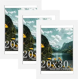 Picrit 20x30 Frame 3 Pack, White Poster Frame, Display Poster 18 x 24 with Mat or 20 x 30 without Mat for Horizontal or Vertical Wall Mounting