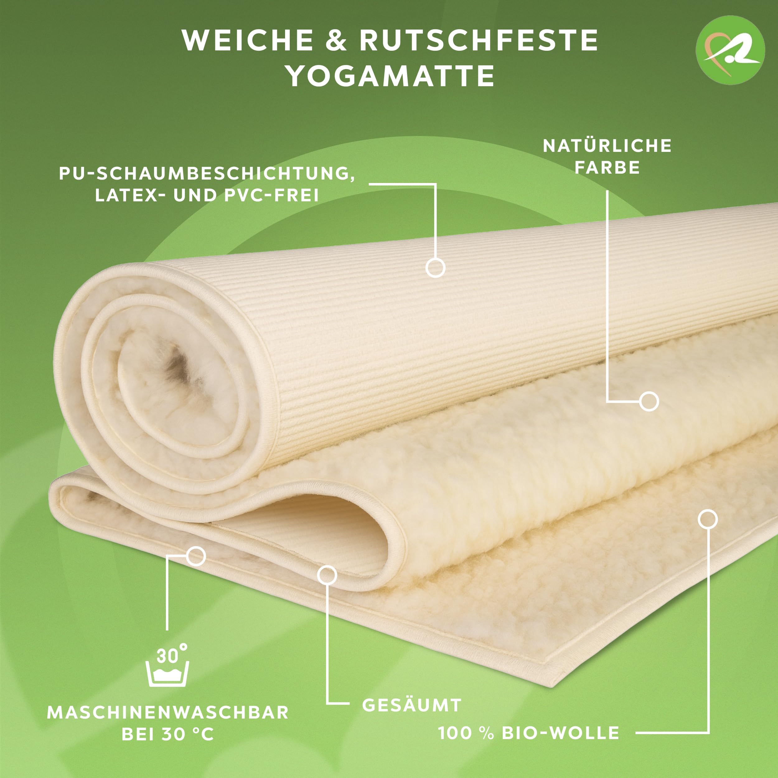 Yogamatte Basic Bio 16mm, umsäumt, Natur