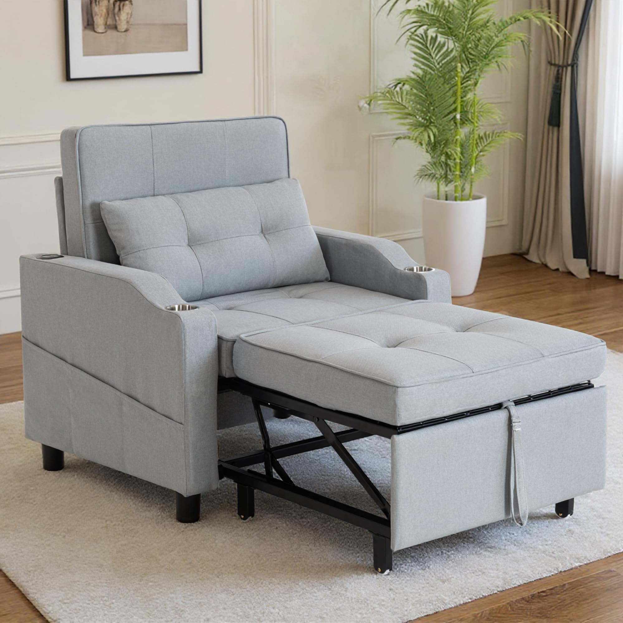 Sleeper Chair 5-in-1 Convertible Chair Bed Pull Out Adjustable Single Armchair Sofa Bed with USB Ports,Side Pocket,Cup Holder (Grey)