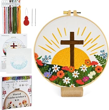 ElasignShopo Christian Embroidery Kit for Beginners Adults, Easy Cross Stitch Kit Easter Cross Jesus Pattern Embroidery Starter Kits with Wooden Hoop, Needles, Threads and Instruction Easter Gift