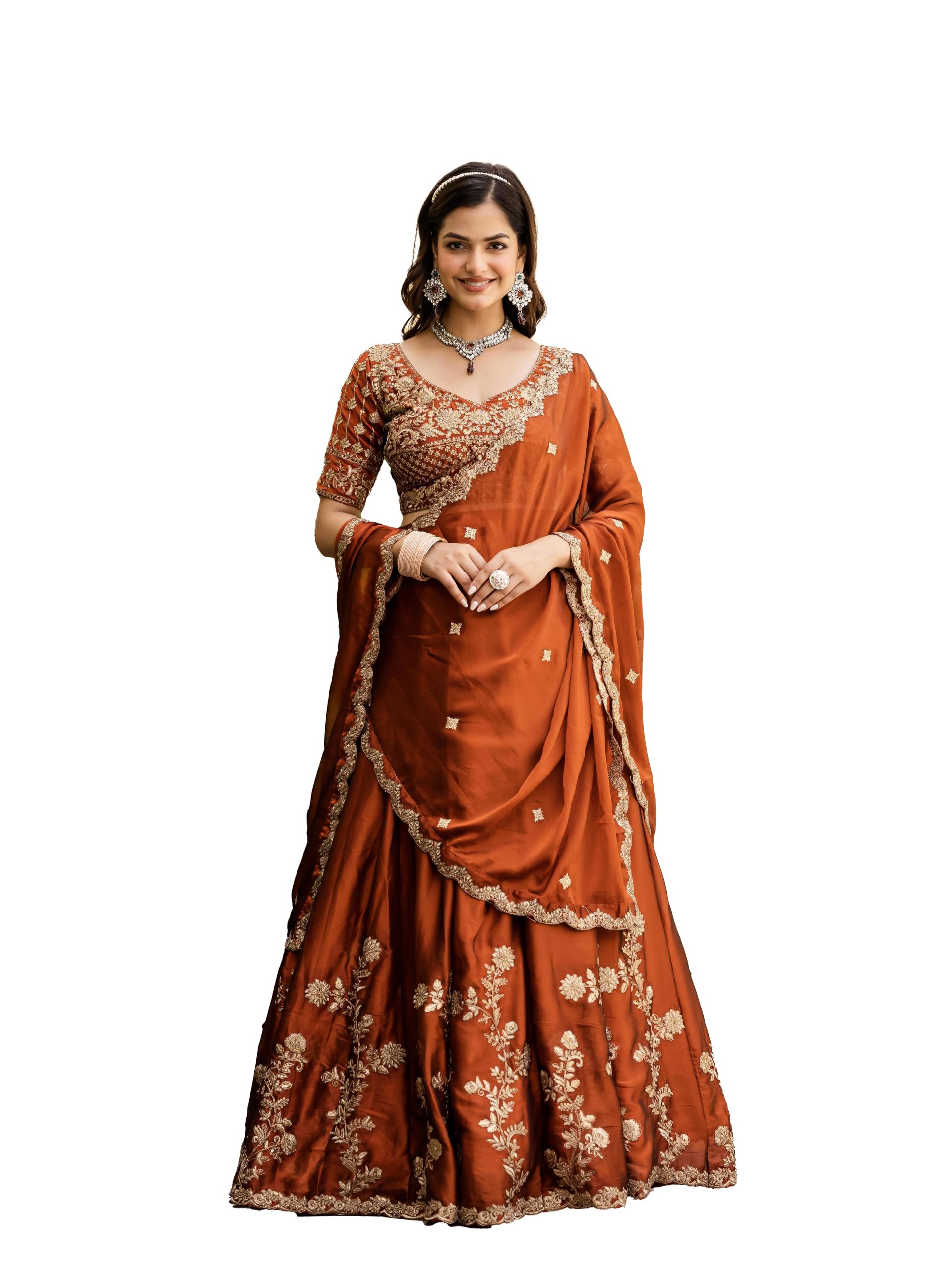 Orange Silk Zari Sequence Embroidery Work Semi Sttiched Lehenga Choli For Women's.-image-20