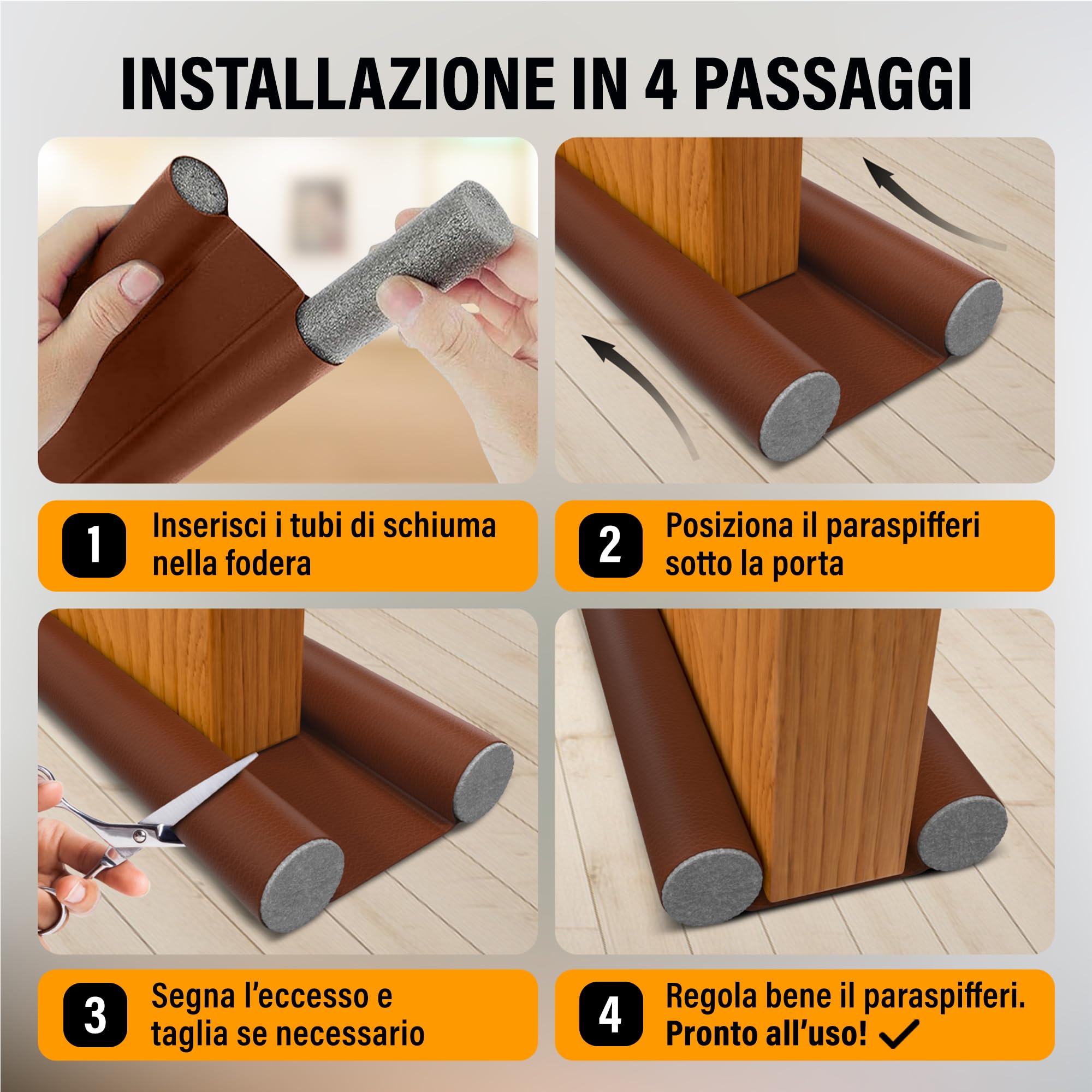 Paraspifferi Sottoporta - Compatibile SOLO con Porte Fino a 5 cm di Spessore (Interne e d’Ingresso) – Isolante Termico, Guarnizione Porta, Antispifferi e Para Spifferi – Marrone, 93 cm