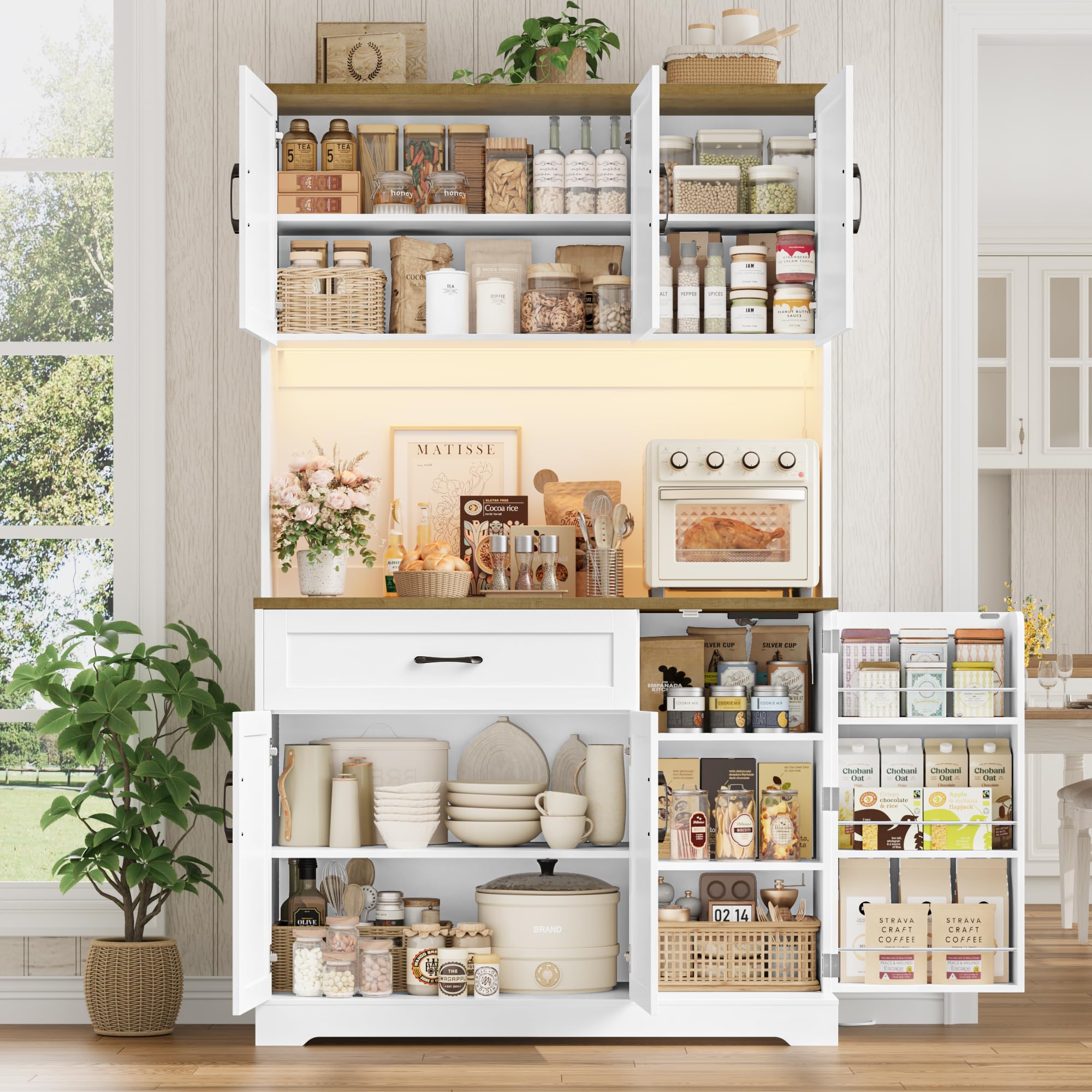 FirFurd 180.5 cm Mobile Cucina, Credenza Cucina Alta con Presa Integrata e Luce LED, Credenza con Porta Spezie, Ripiani Regolabili, Ampio Piano di Lavoro, 100.2x38.6x180.5 cm, Bianco