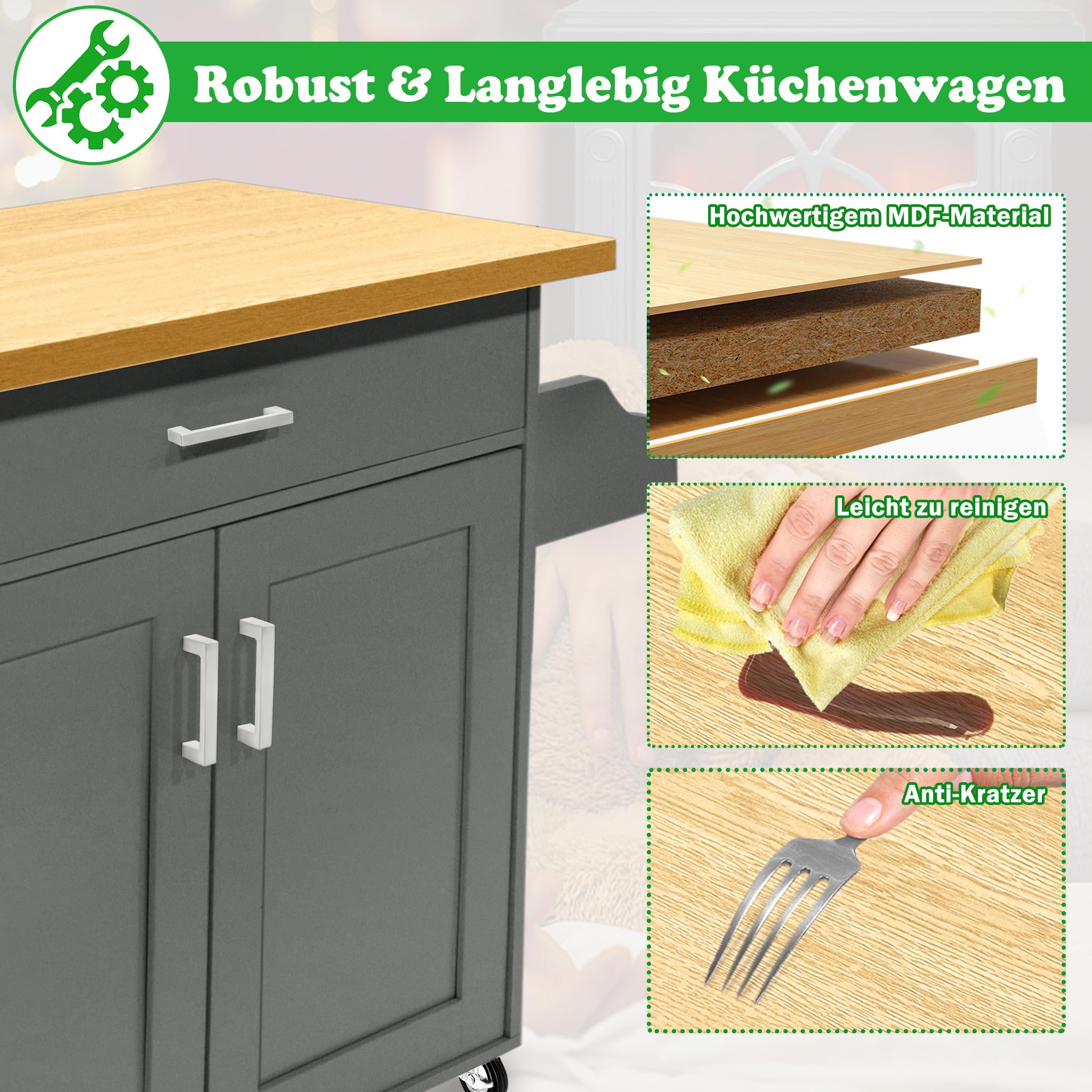 SUBTLETY 115x36x90cm Bewegliche Kücheninseln MDF Arbeitsplatte Küchenwagen mit Rollen, Schublade, Ablage, Handtuchhalter & Gewürzboard Rollwagen Belastbarkeit bis 50KG Esswagen für Party (Weiß)