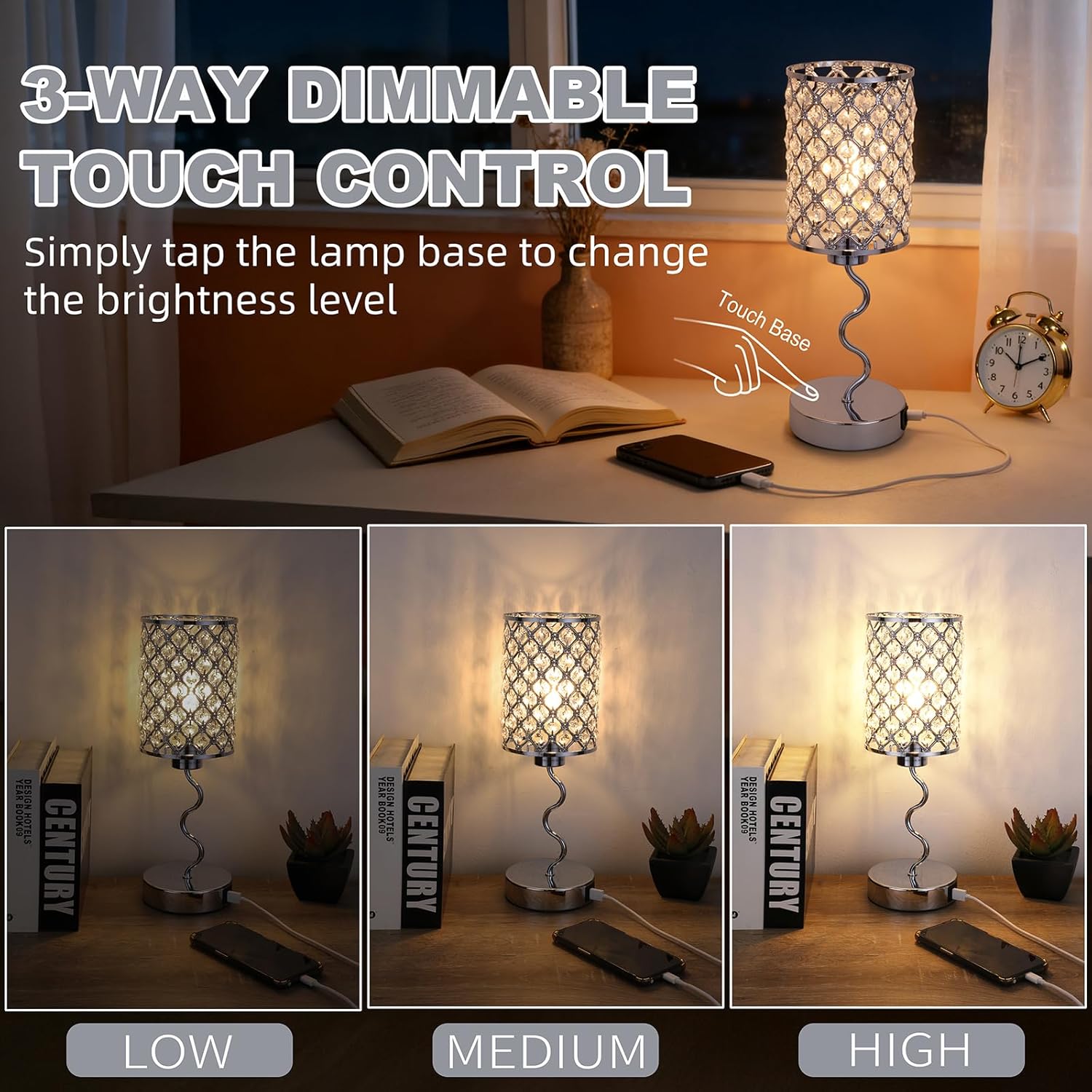 EOEYYOYB Crystal Table Lamp with 3 Way Dimmable Touch Control, Nightstand with USB A+C Ports, Modern Bedside Touch Lamp for Bedroom, Living Room, Office Reading, Silver