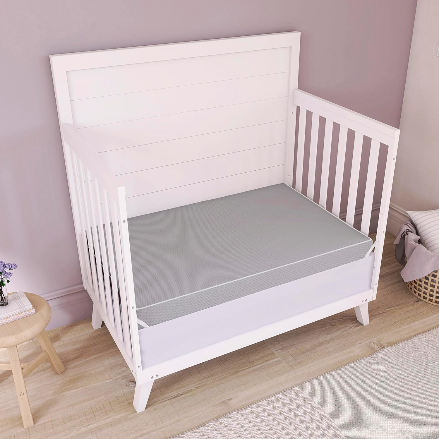 Dream On Me Snuggles Extra Firm Dual-Sided Baby Crib Mattress with Breathable Fabric, Water & Odor Resistant, GREENGUARD Gold Certified, Fits Mini & Portable Cribs (38”x 24”x 3”) - Grey