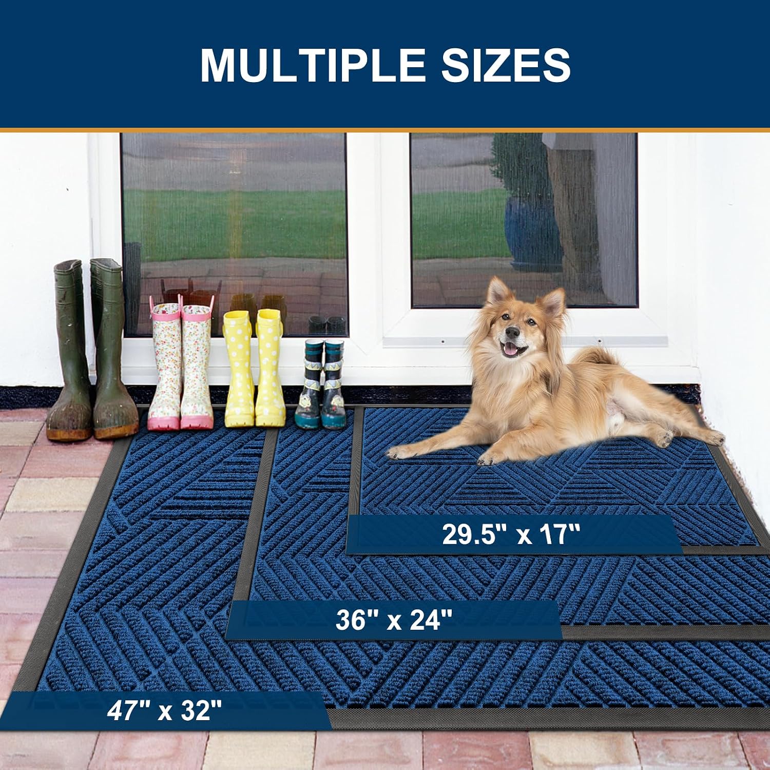  Front Door Mat Outside Entrance, Low Profile Rubber Doormat, 29.5x17 | Irregular Triangle, Medium Blue, Sturdy Heavy Duty Mat Trap Dirt and Moisture, Easy Clean for Indoor Outdoor Entry thumbnail