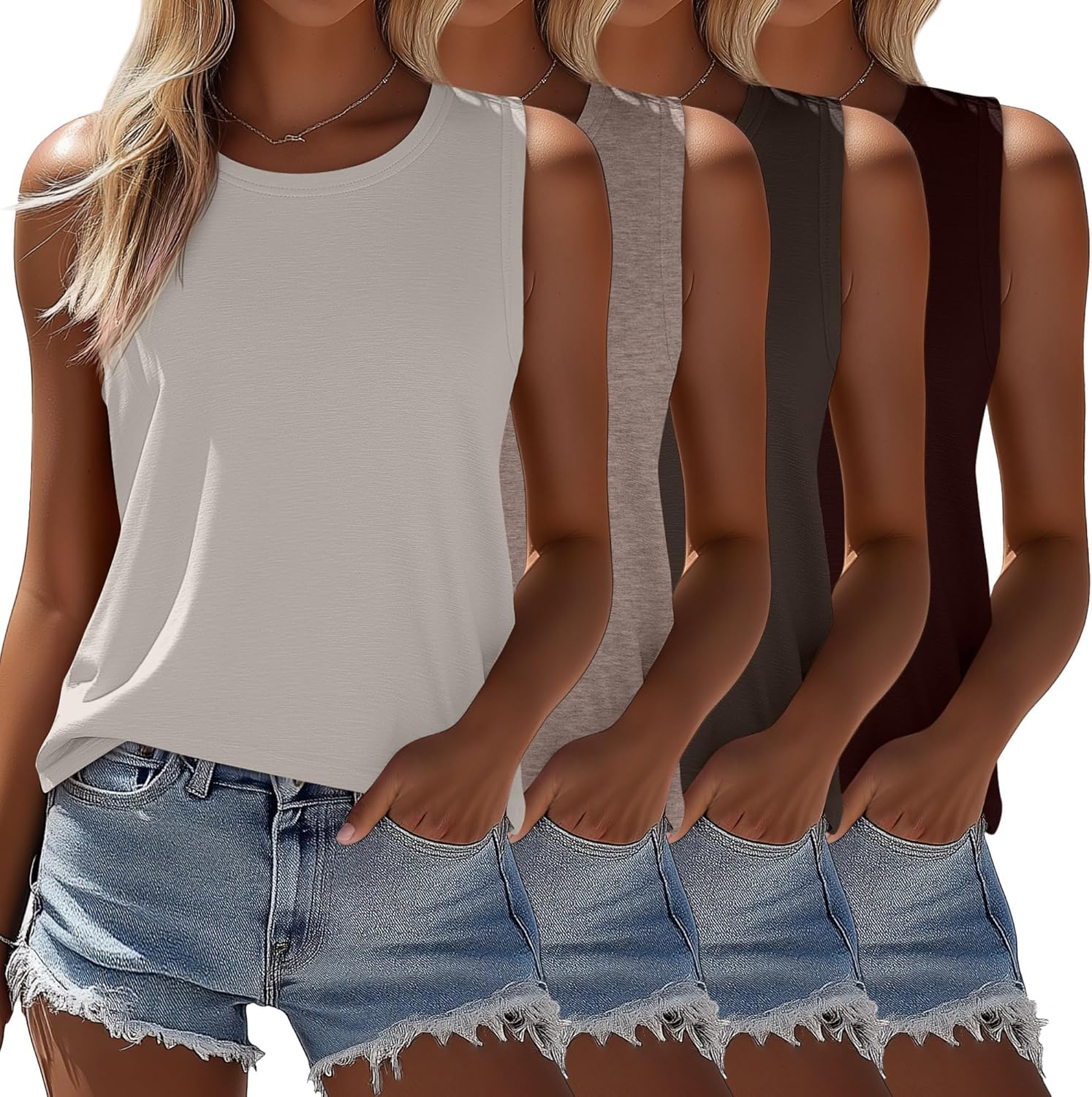 Ficerd 4 Pack Women's Sleeveless Tops, Casual Summer Loose Fit T Shirts Solid Color Tunic Tank Tops Ladies' Crew Neck