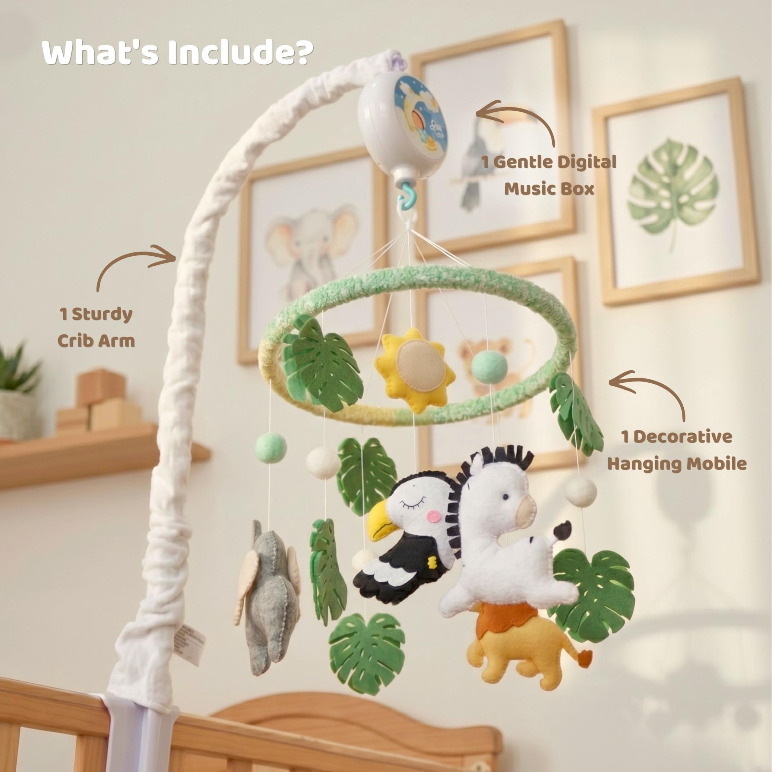 Giostrina per culla con elefante, zebra, leone, tucano, in feltro, fatta a mano, con 12 ninne nanne nella giungla, con 12 ninne nanne, idea regalo decorativa per la cameretta dei bambini
