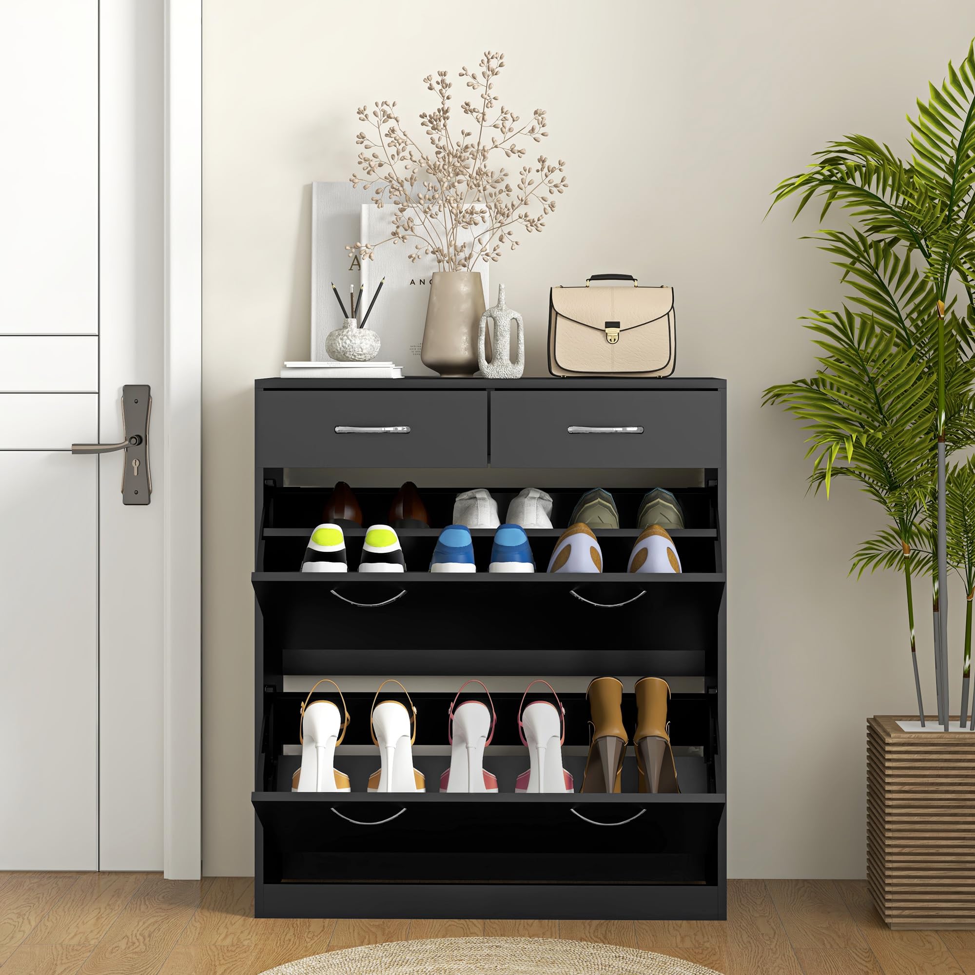 HOMCOM Scarpiera Moderna con 2 Ripiani Interni Regolabili e 2 Cassetti da 12 Paia di Scarpe, Mobile per Scarpe Salvaspazio in Legno, 80x30x91.5 cm, Nero