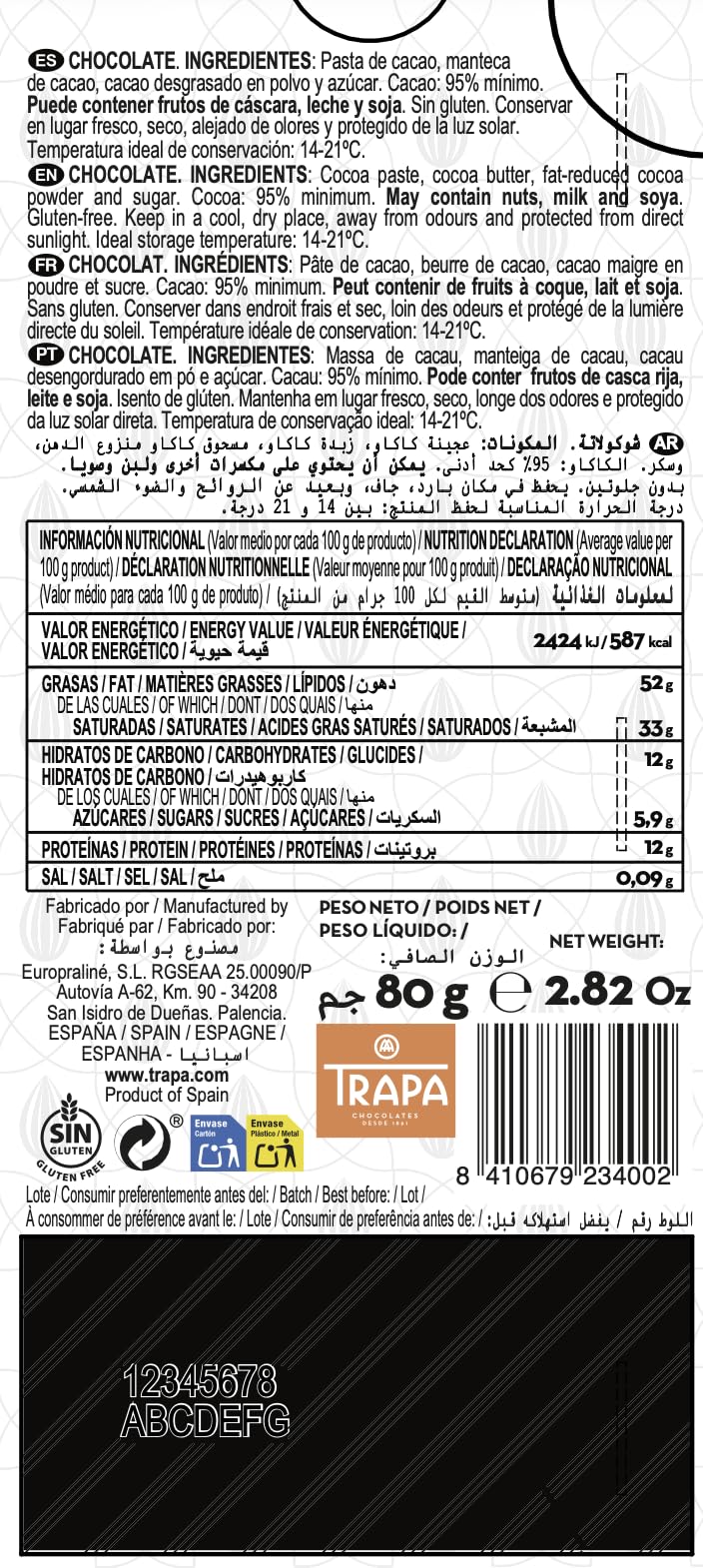 TRAPA COLLECTION | Chocolate Negro 95% Cacao | Tableta 80 g | Sin Gluten
