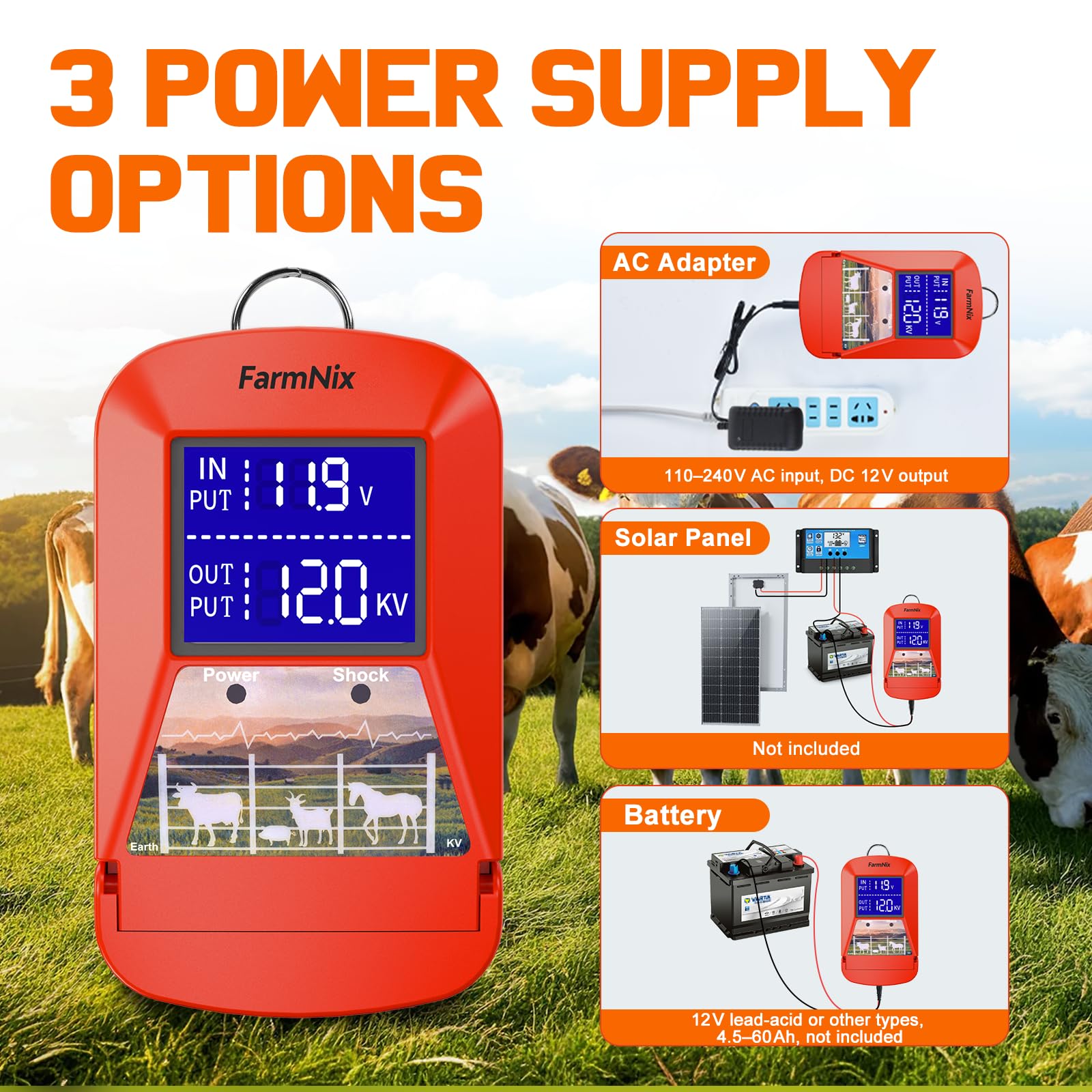 Energizador de Cercas Eléctricas 12V con Pantalla LED, Cerca Eléctrica 3J 230V para 24 KM, Alimentación Múltiple (Red/Batería/Solar), Cargador de Cercas para Ganado, Caballos y Granjas