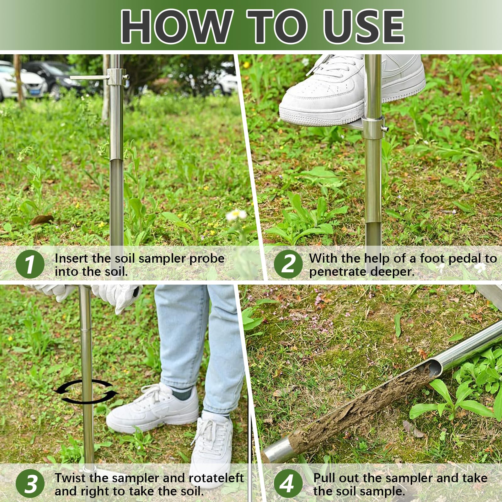 Sondes pour Échantillons de Sol, Sonde D'échantillonneur de Sol en Acier Inoxydable 304 Poignée Style T Kits de Test avec 2 Sacs d'Échantillons pour Pelouse Ferme Jardin