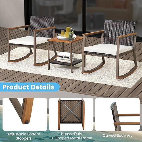 Miniatura 3 de HAPPYGRILL Juego de 3 piezas mecedoras de mimbre de polietileno para exteriores con mesa auxiliar, cojines de asiento suaves incluidos, juego de