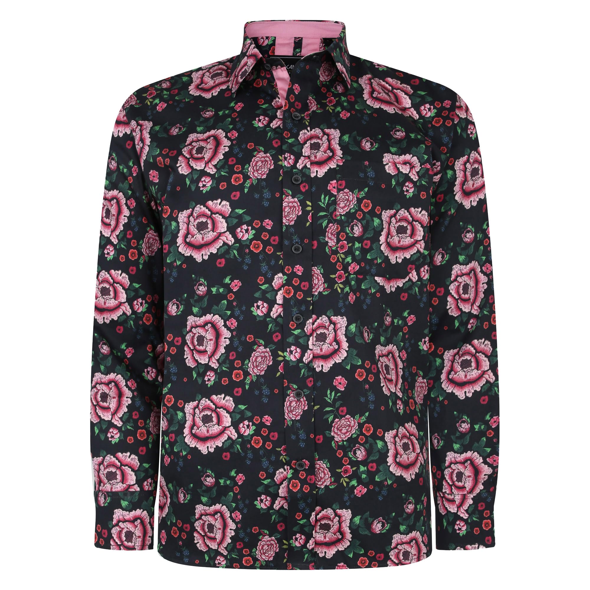 Kam Black_6051 Rose Print Shirt Long Sleeve Button Up Collared Casual Black Plus Mens 2XL-8Xl 6051Ls (Uk, Alpha, 3XL, Plus, Regular) 3XL Plus Tall