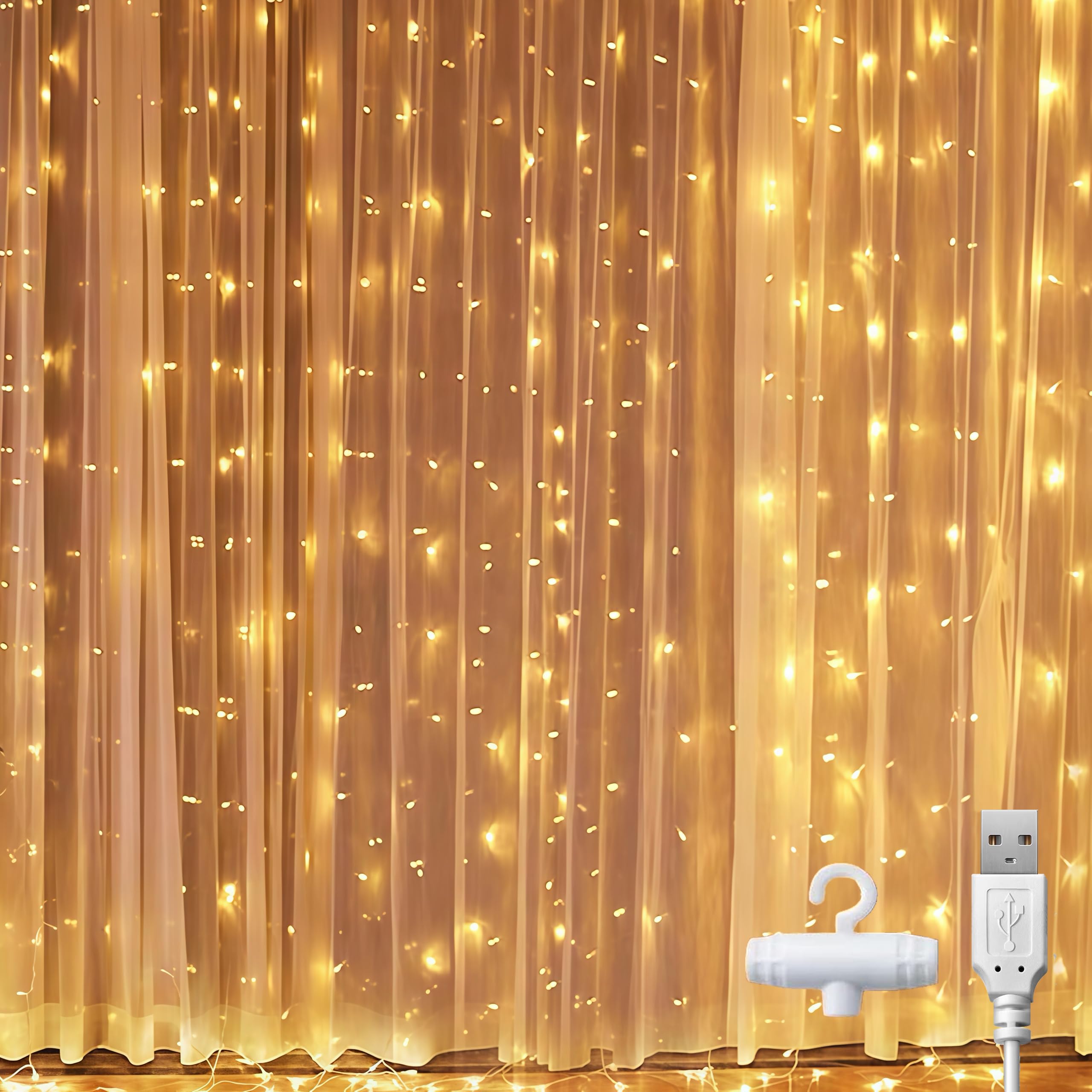 Kimuwote Lichtervorhang 2x2m, Llichterketten Vorhang Innen Außen 200 LEDs Wasserdicht USB Lichterkette Vorhang Warmweiß mit 10 Haken für Weihnachten, Valentinstag, Ramadan, Hochzeit Beleuchtung
