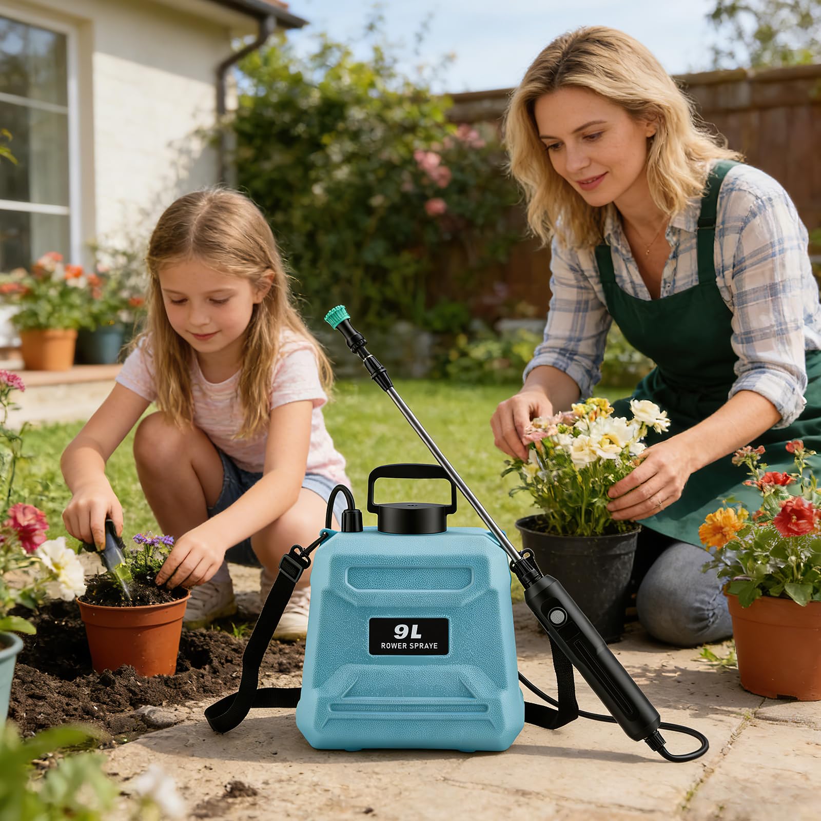 Pompa Irroratrice a Batteria 9L, Spruzzatore Elettrico, Motore Rame 1500mAh 200min, 3 Ugelli + Lancia 80cm, Ricarica USB-C, Nebulizzatore Giardino Elettrico per Piante
