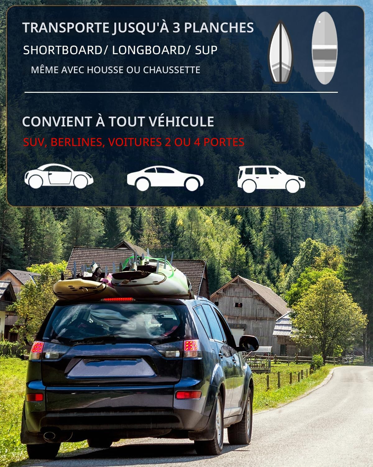 Abahub Coussinets Toit Souples pour Planche Surf, Sup, Kayak, Canoë | avec 4 Sangles D’Arrimage, 2 Cordes D’Arrimage, 2 Bouclese Capot Et Sac Rangement (à Utiliser sans Barre Transversale)