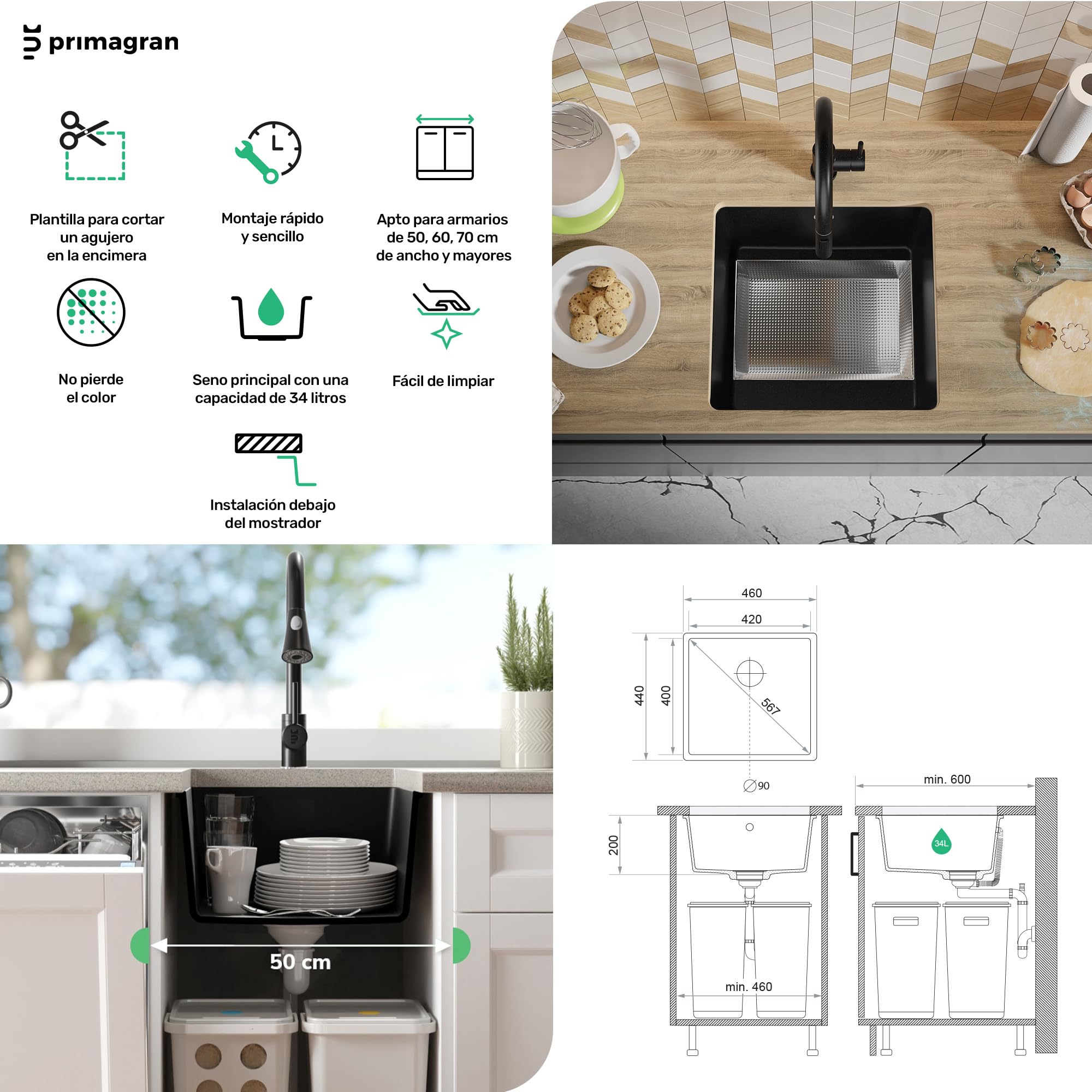 PRIMAGRAN Fregadero bajo Encimera Todo Beige - Venecia Easy, 46x44cm | Cocina 1 Seno + Sifón, Granito al Mueble 50cm (S036)