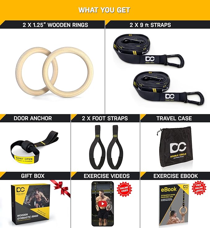 Introducing the Double Circle 1.25” Gym Rings, meticulously crafted to provide an unparalleled workout experience. Made from premium quality wood, these gym rings offer exceptional strength and durability, ensuring they stand up to even the most intense workouts. The wooden design provides a superior non-slip grip, allowing you to maintain a strong and comfortable hold during exercises, unlike traditional plastic rings. Whether you're executing pull-ups, dips, or muscle-ups, these rings provide the reliability and comfort you need to maximize your performance.