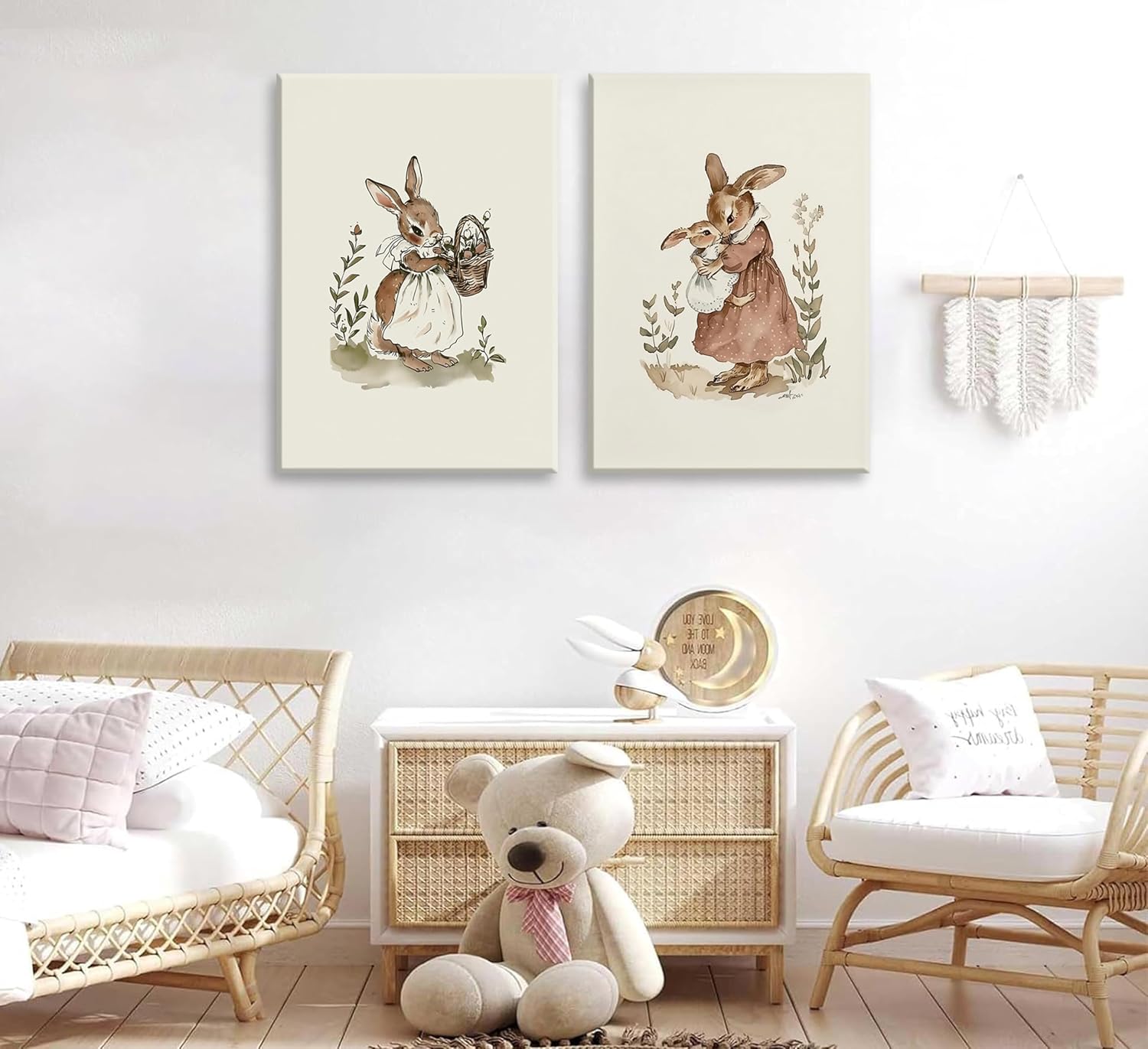 3 Pcs Bunny Nursery Canvas Wall Art Retro Cute Bunny Painting Picture Wall Decor Vintage Rabbit Mom and Baby Poster Print Artwork for Girls Room Bedroom living room Home Decoration