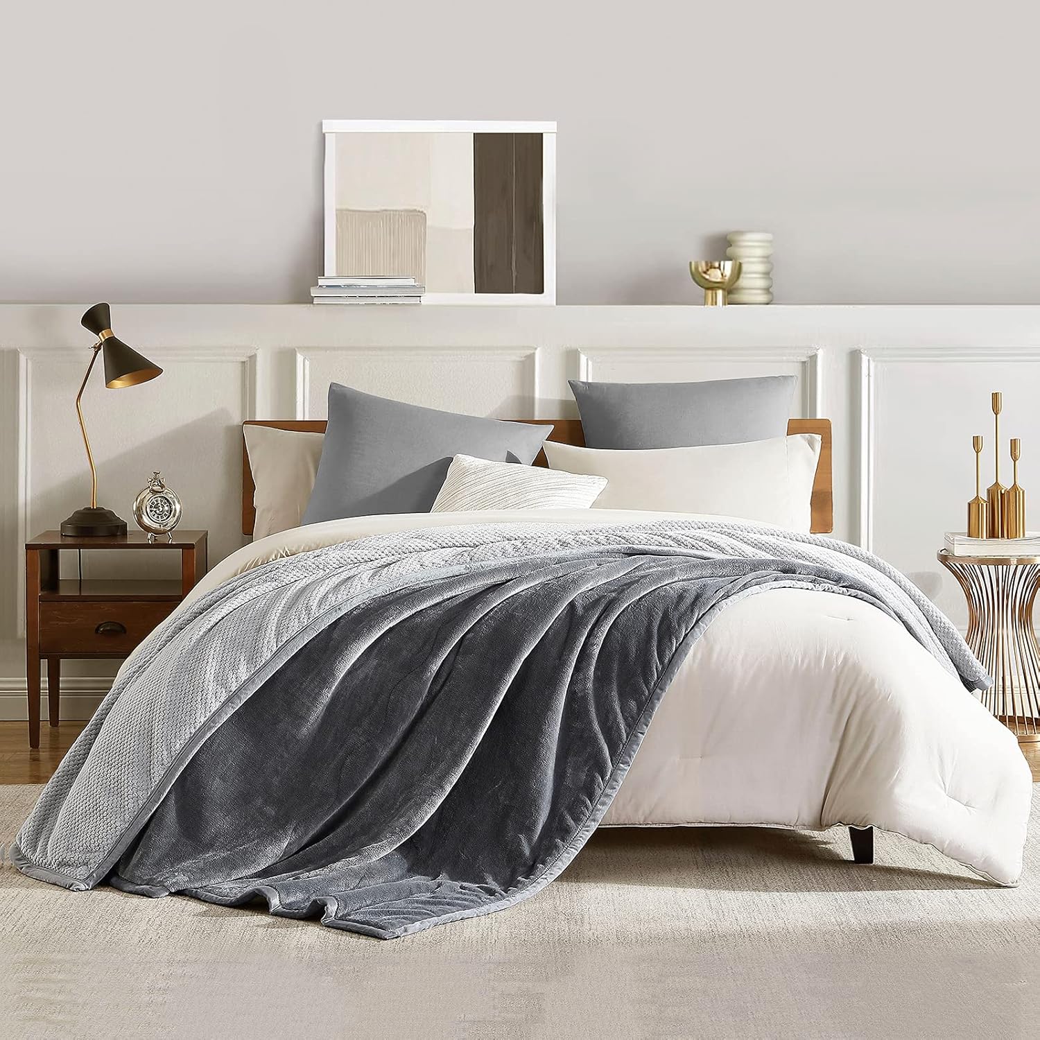 Lynnlov Large 3 Layers Flannel Fleece Bed Blanket Full Size 80" x 90", Decorative Soft Thick Microfiber Plush Blanket, Luxury Comfy Cozy Velvet Winter Warm Blankets, Washable & Breathable, Grey : Home & Kitchen