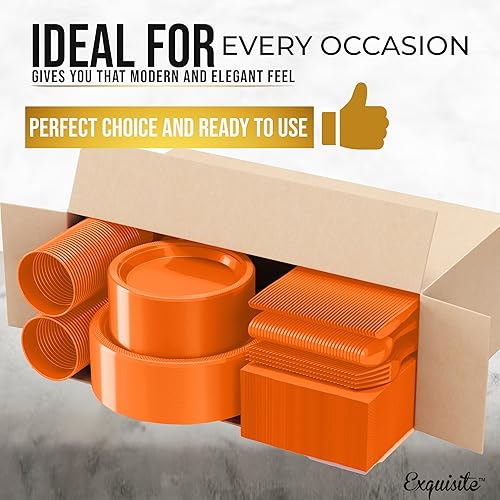 Miniatura 3 de Juego de 350 platos de plástico naranja para fiestas, juego de platos desechables naranjas, 50 de cada juego de platos llanos de 9 pulgadas, platos