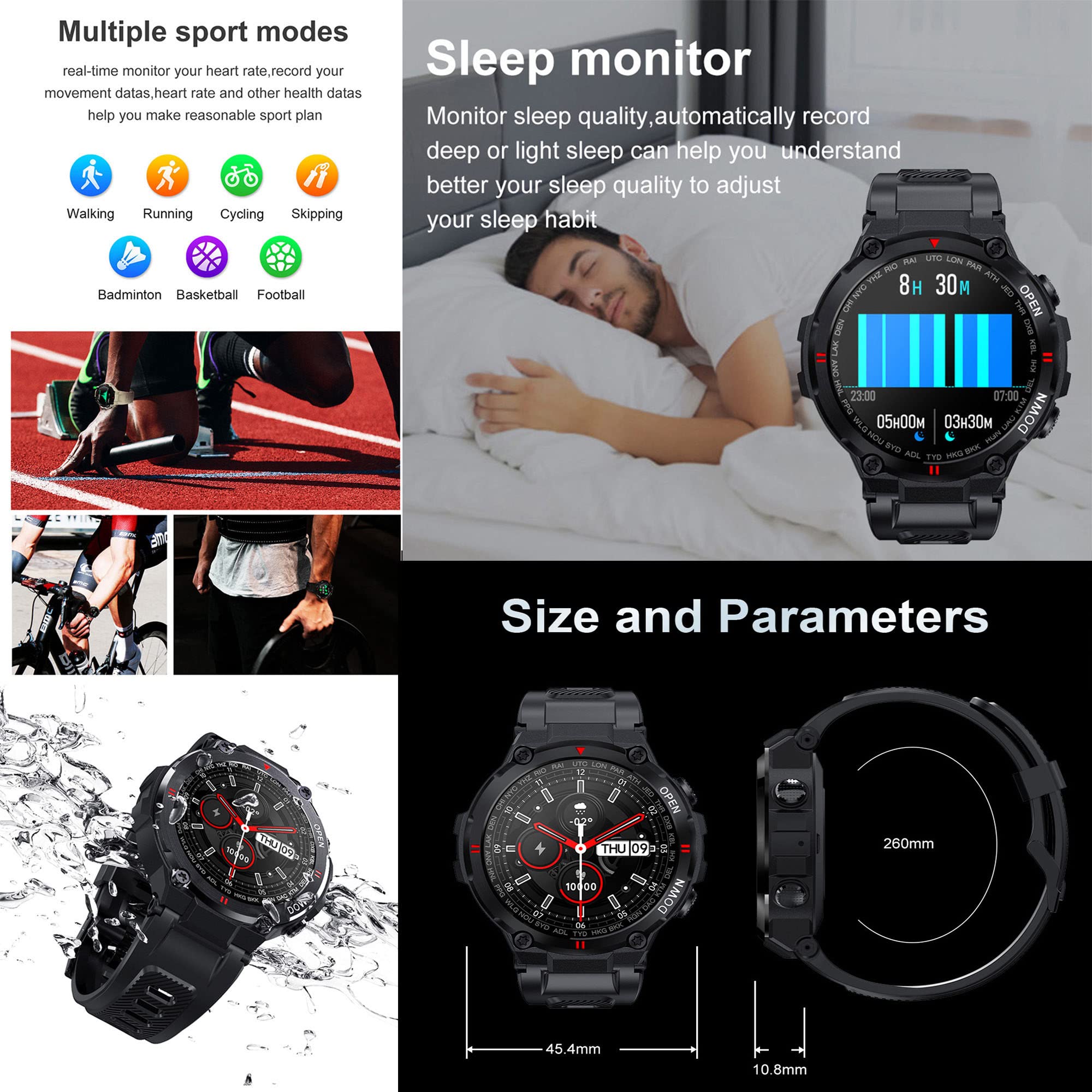 Reloj Inteligente para Hombre, Bluetooth, IP67, Resistente al Agua, Pulsera Inteligente para Cardio y podómetro, smartwatch Deporte, Fitness, rastreador de Actividad, Control de música
