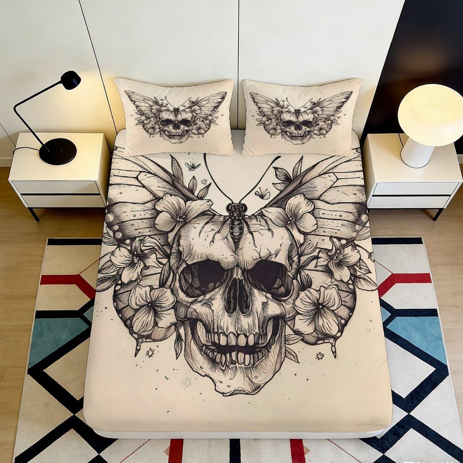 3D Printed Skull Butterfly Fitted Sheet Microfiber Soft Breathable Floral Bed Cover for Bedroom Dorm Decor 90x200x25cm