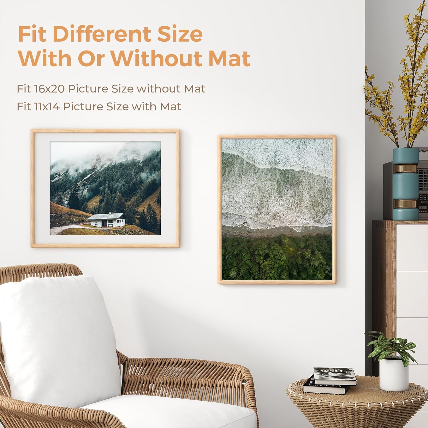 Axeman 16x20 Oak Frame - Rounded Corner 16 x 20 Picture Frame Matted to 11x14 - Natural Oak Wood Photo Frame with Tempered Glass for Wall Mount Display
