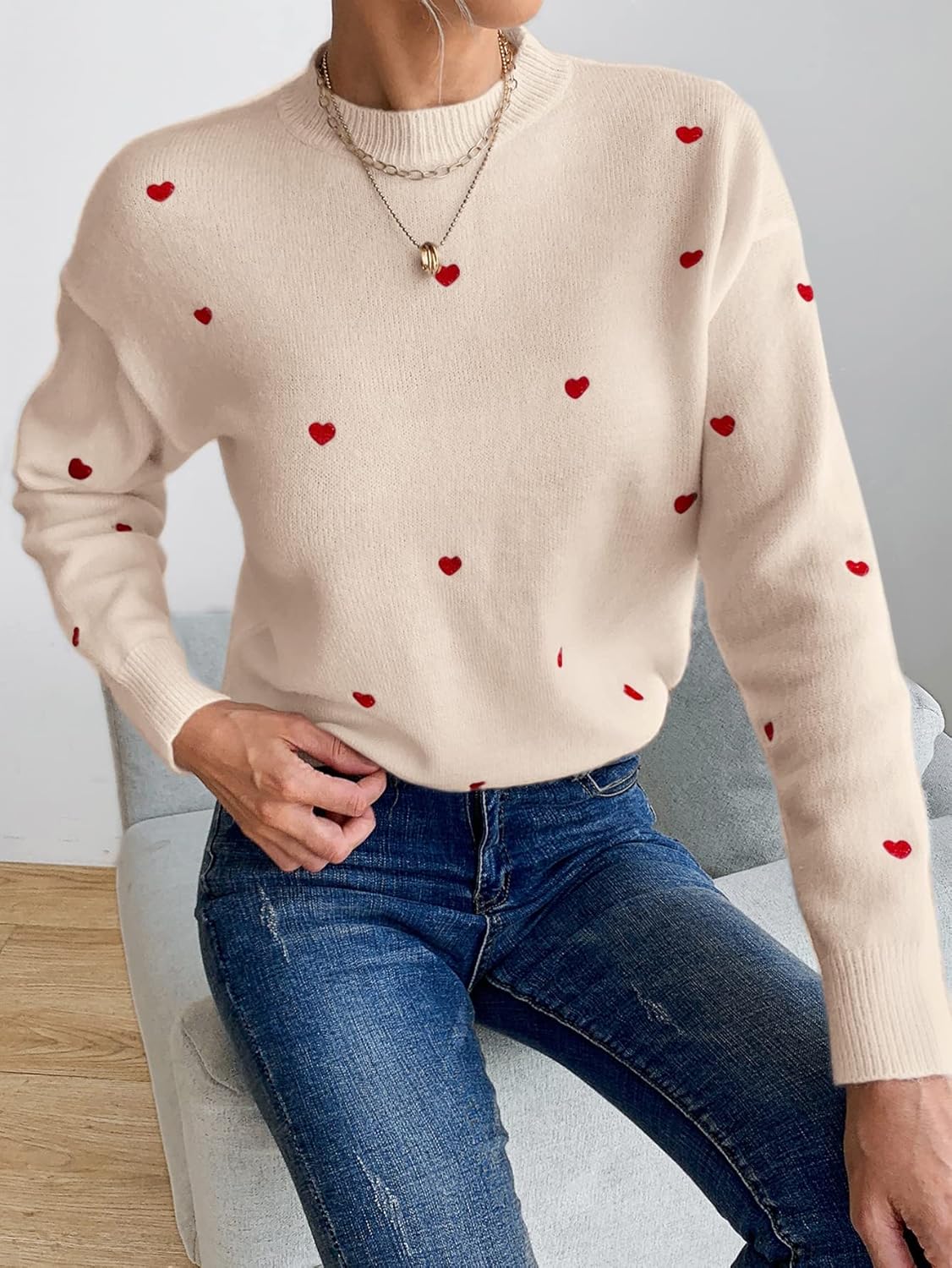 Women's Sweater Mock Neck Heart Pattern Drop Shoulder Sweater Sweater for Women (Color : Baby Pink, Size : Large)