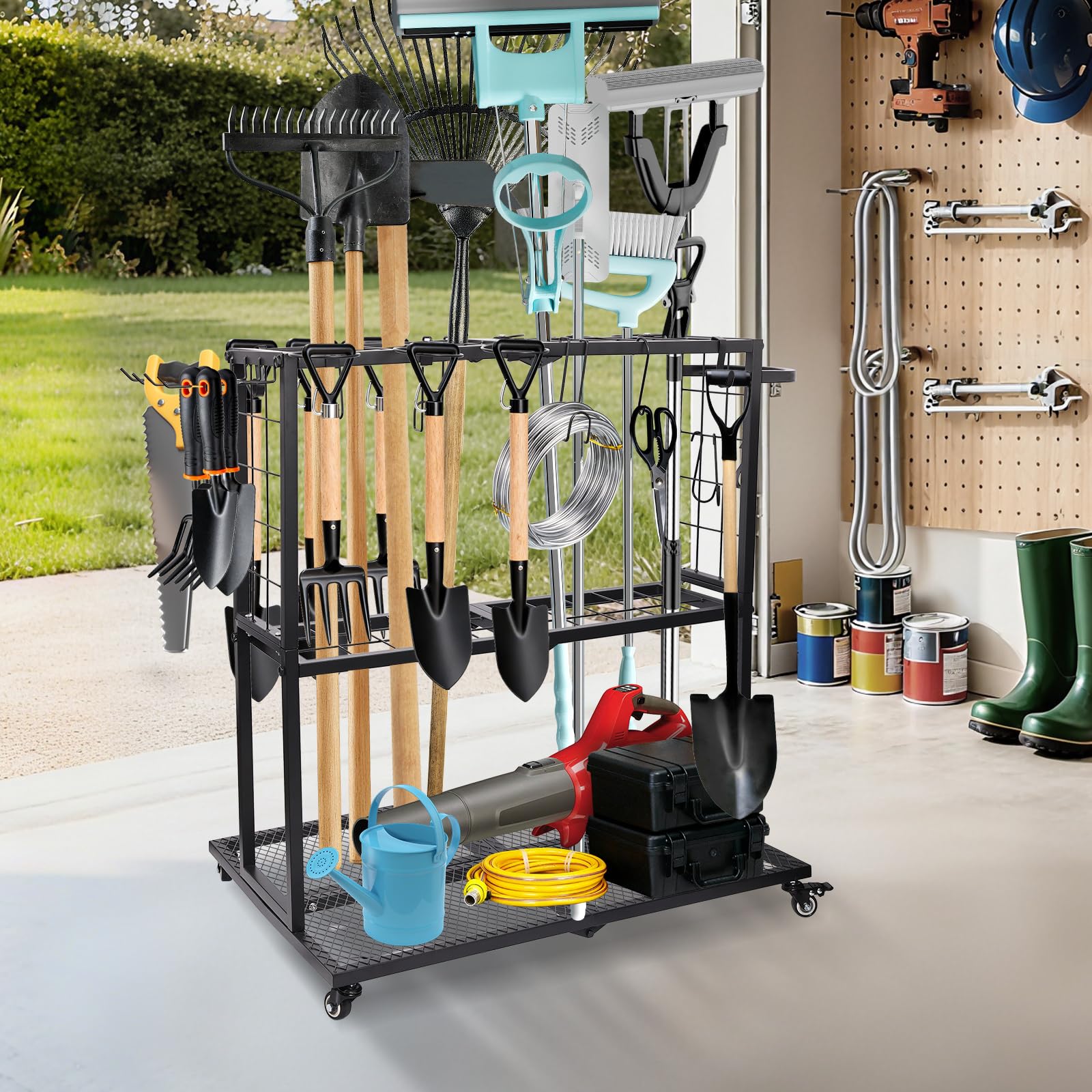 Gartengeräte Ständer mit Feststellrollen 20 Fächer + 5 Slots | gartengeräte halterung für langgestielte Geräte/Staubsauger/Rasenrechen für Garage Schuppen Außenbereich 56×83×88cm