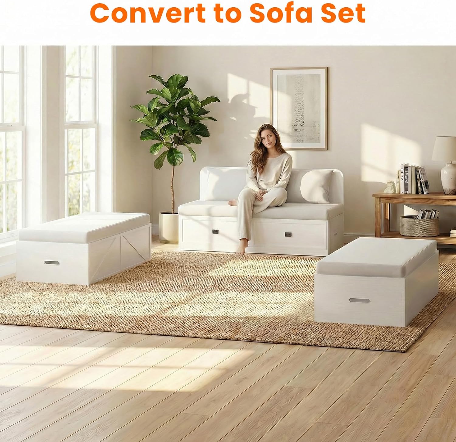 ijuicy 4-in-1 Queen Murphy Bed with Mattress Included & Extra Large Drawers, Multifunctional Cabinet Bed That Converts to Sofa Set for Small Spaces/Guest Bedroom/Living Room, White