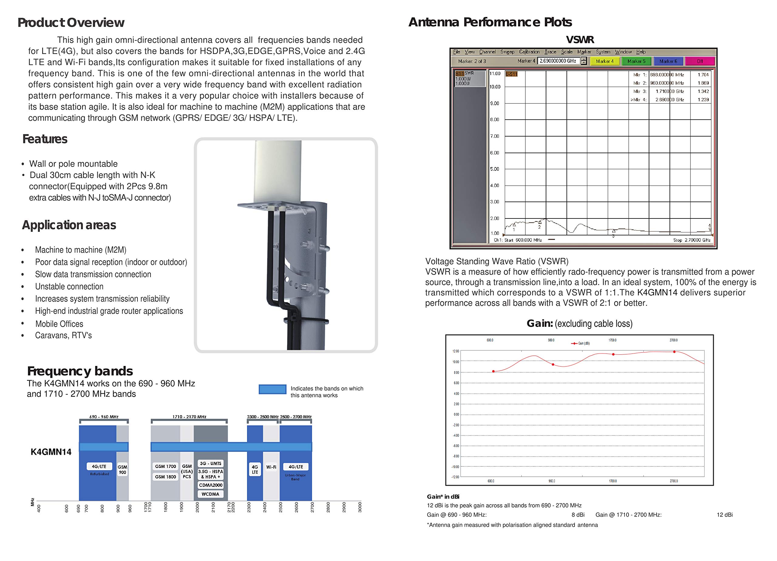 KASER Antena 4G LTE Exterior Mimo Omnidireccional 698-2700 MHz Conector SMA con Adaptador CRC9 TS9 Compatible con Router 4G Ganancia hasta 12 dBi Recepción a más de 15 km (2 x 10 m de Cable)