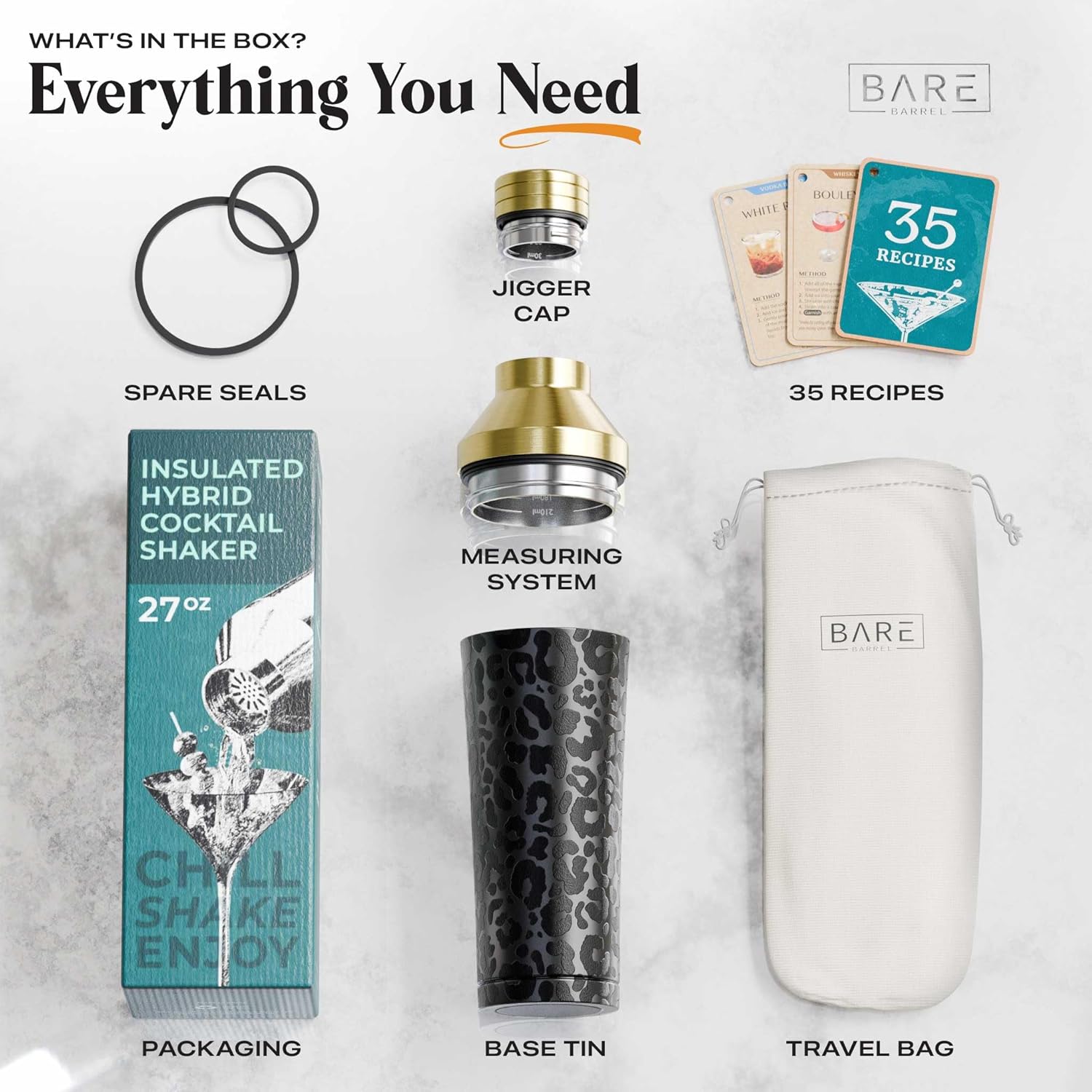 BARE BARREL Insulated Cocktail Shaker Set | Double Wall Stainless Steel | Martini Shaker for Home Bar Bartending | Built-in Drink Measure System & Strainer, Travel Bag, Recipes | Gift Set (Leo Gold) - Image 6