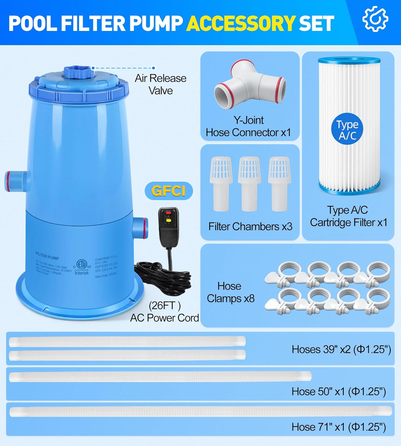 1000 GPH Pool Filter Pump for Above Ground Pools, Type A/C Cartridge Filter Pump System, Safety ETL Listed Above Ground Pool Pump w/GFCI, Improved Water Circulation & Filtration -Blue-grey