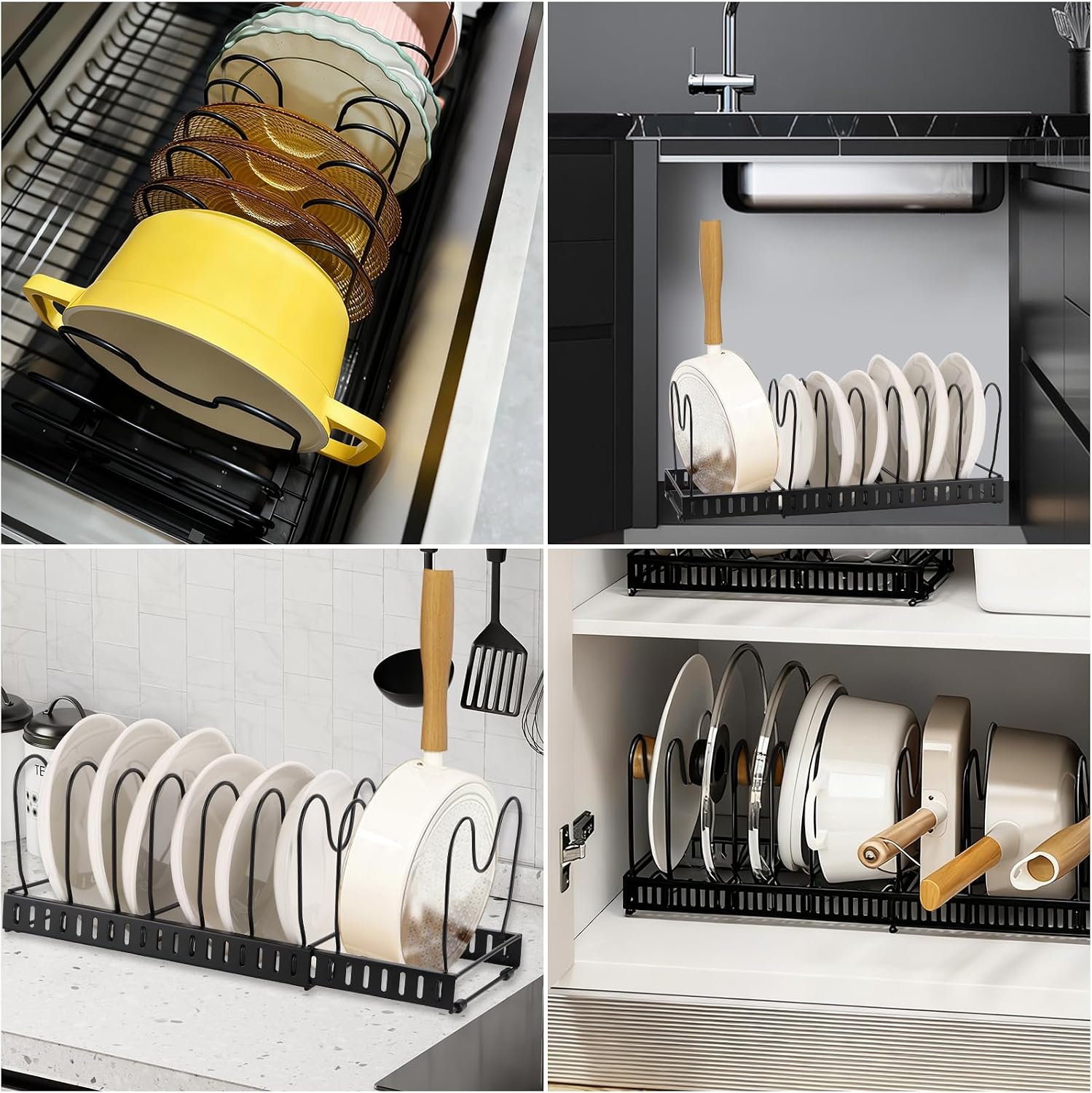 acDesign 2Pcs Pot Lid Organizer with 12 Adjustable Compartments Pot Expandable Pan Organizers Inside Cabinet for Pan, Bakeware & Lids，Black