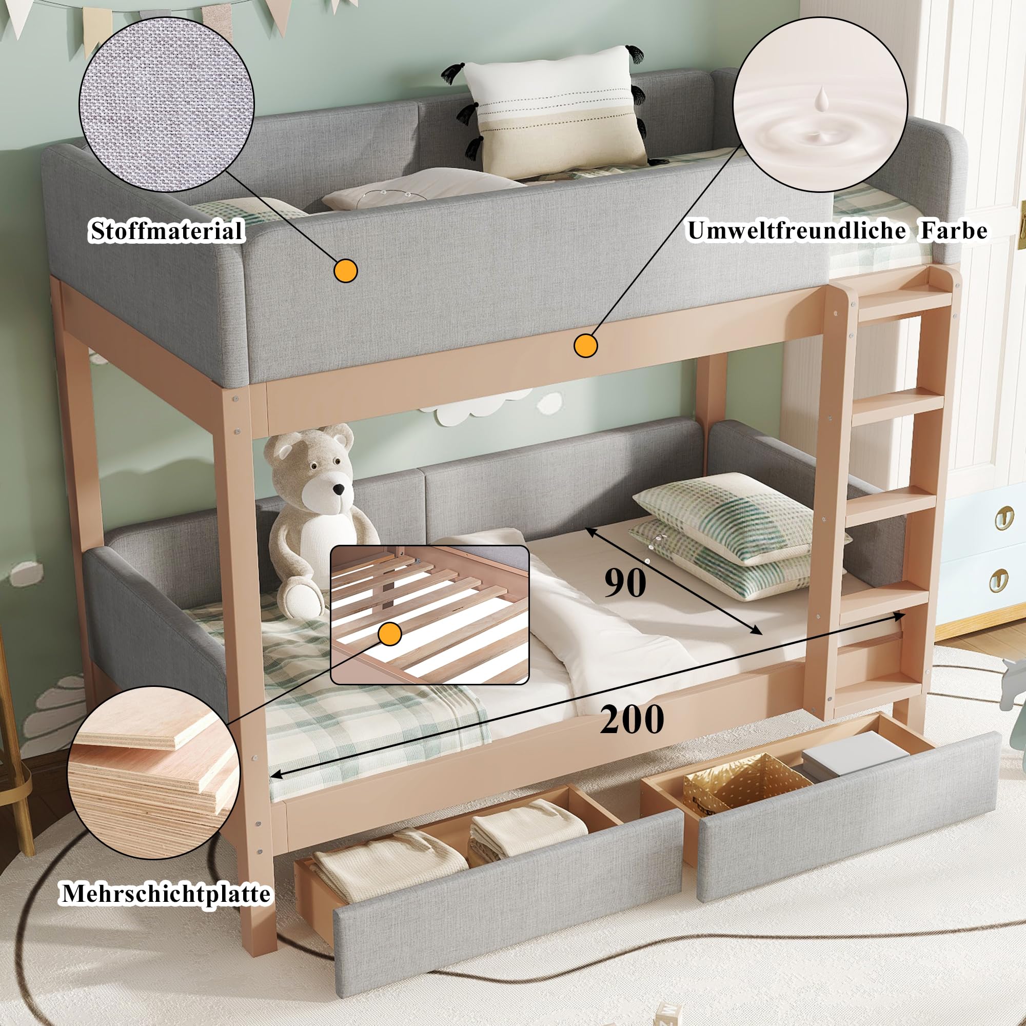 Generisch Letto a castello per bambini, 90 x 200 cm, grigio naturale, in legno di gomma e MDF, con bordo in spugna anti-collisione, scala a 4 gradini, 2 cassetti, rete a doghe stabili per la cameretta