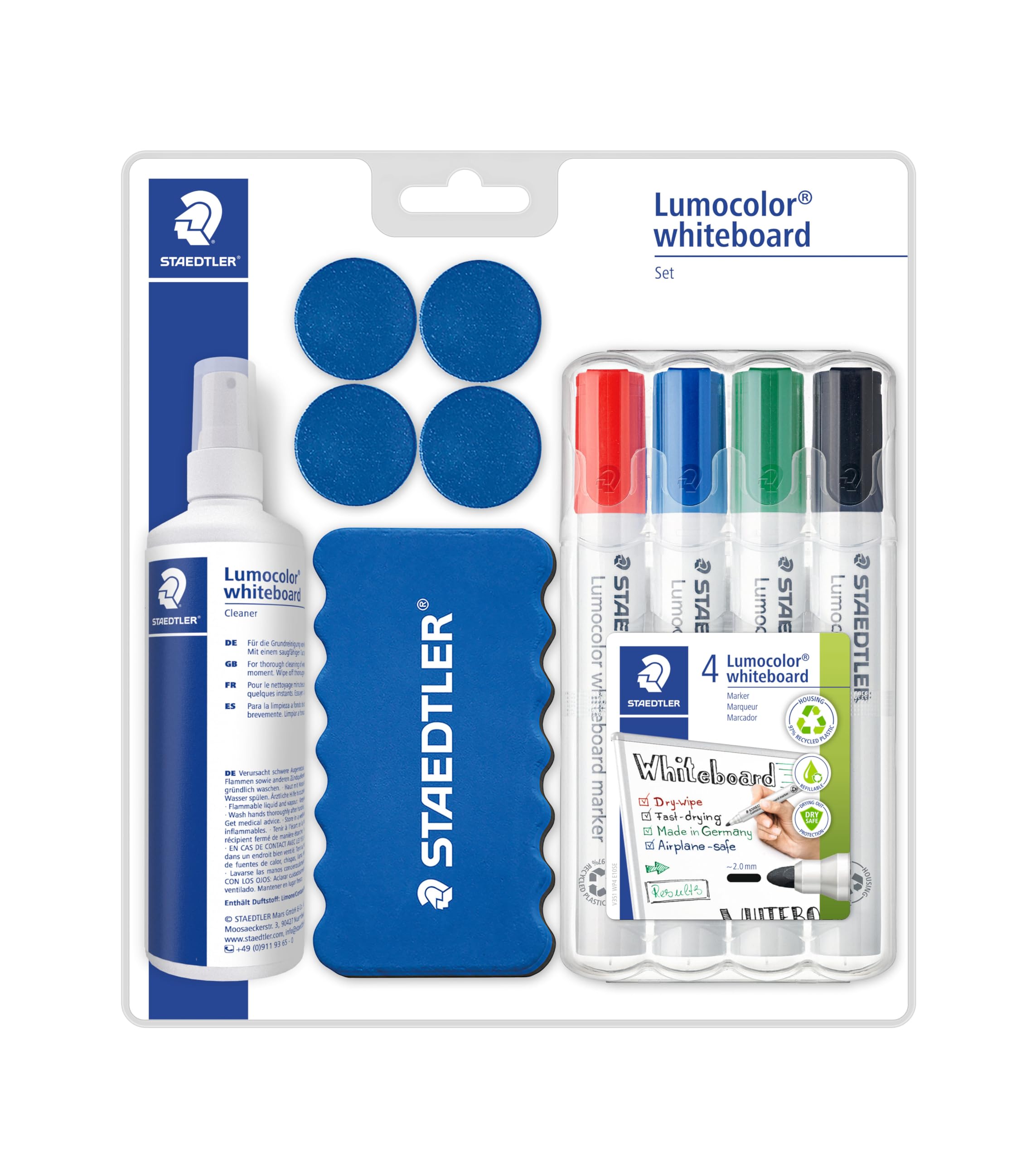 Idena 90881 - Tableau blanc avec plumier, env. 90 x 60 cm, incl. 4 marqueurs pour tableaux blancs STAEDTLER Lumocolor, effaceur, spray de nettoyage 250 ml & 4 aimants