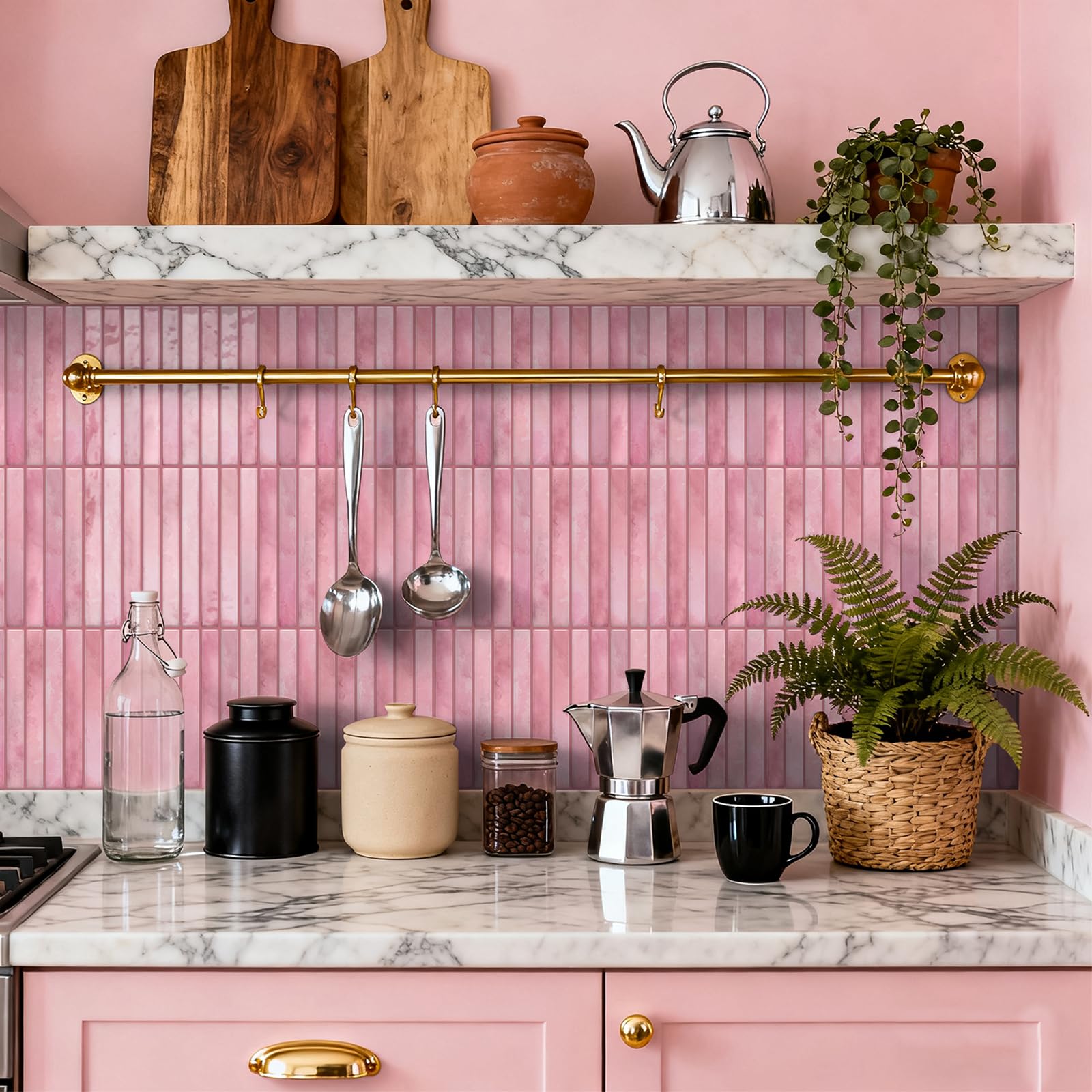 12 Sheets Self Adhesive Wall Tiles, Peel and Stick Tile Stickers, 24.6x12cm Rectangle Stick on Tiles for Kitchen, Waterproof Splashback for Bathroom Sink (Pink)