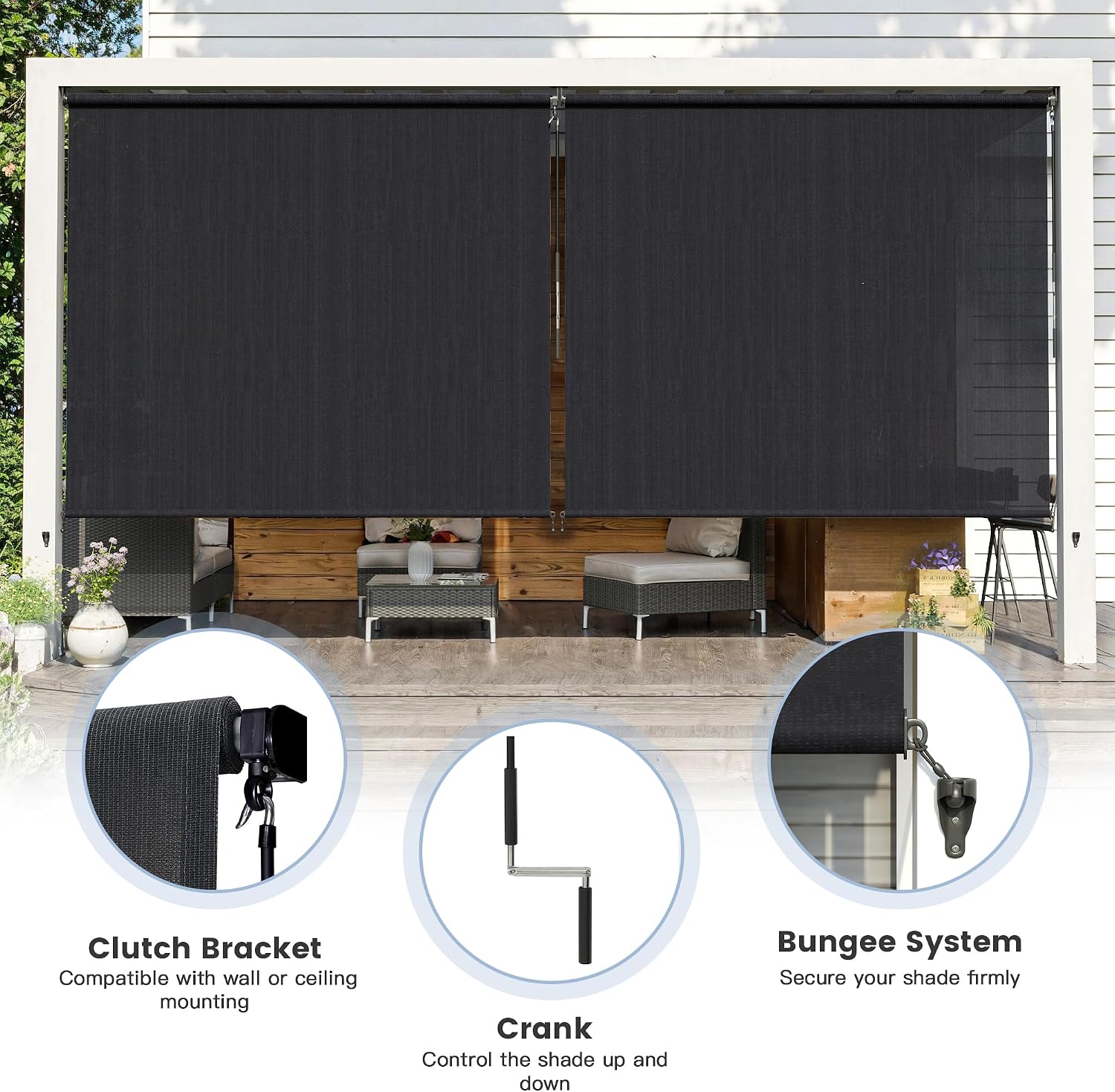 Custom Size Outdoor Roller Shades with Splicing Design (108" W X 96" L), Exterior Cordless Patio Blinds with Wand Roller Shade Cloth for Porch Balcony Backyard Gazebo, Graphite Black