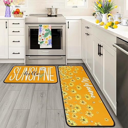 Spring Kitchen Rug Set of 2, Hello Sunshine Yellow Sunflower