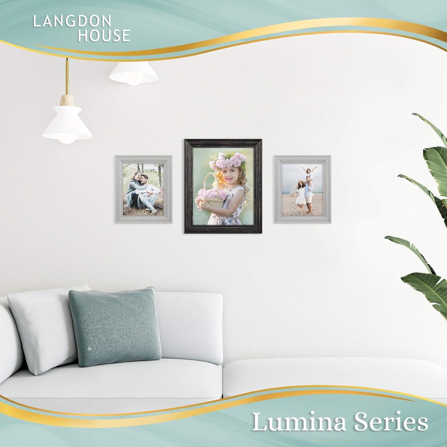 Langdon House 8x10 Real Wood Picture Frames (6 Pack, Gray - Gold Accents), Wooden Photo Frame 8 x 10, Wall Mount o12.6r Table Top, Lumina Collection