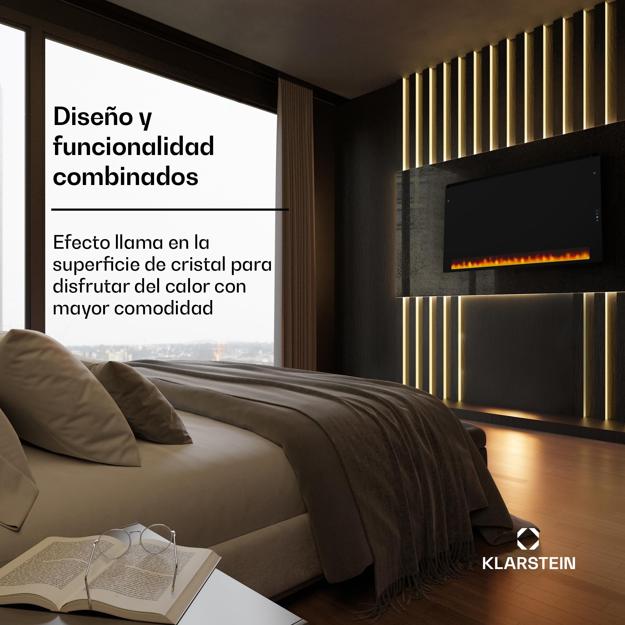 KLARSTEIN Calefactor Infrarrojo, 1110W - Montaje en Pared, IPX4, Efecto Llama, Vidrio Templado, Tecnología de Grafeno, Pantalla LED Táctil, Calefacción Eficiente para Baño & Hogar