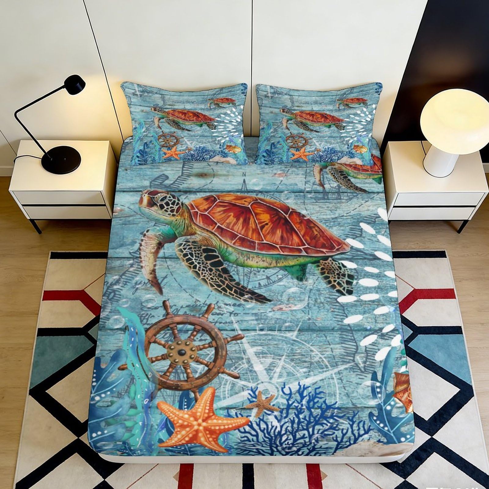 3D Printed Sea Turtle Ocean Fitted Sheet Microfiber Non-Slip Starfish Coral Mattress Cover for Bedroom Guest Room Decor 90x200x25cm