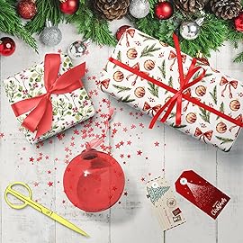 GIOLNIAY Red Bows Christmas Wrapping Paper for Men Women Kids - Holiday Gift Wrap with Pine Branches & Berries on White - 4 Jumbo Sheets, 28 x 40 Each (31 sq. ft ttl), Easy to Store