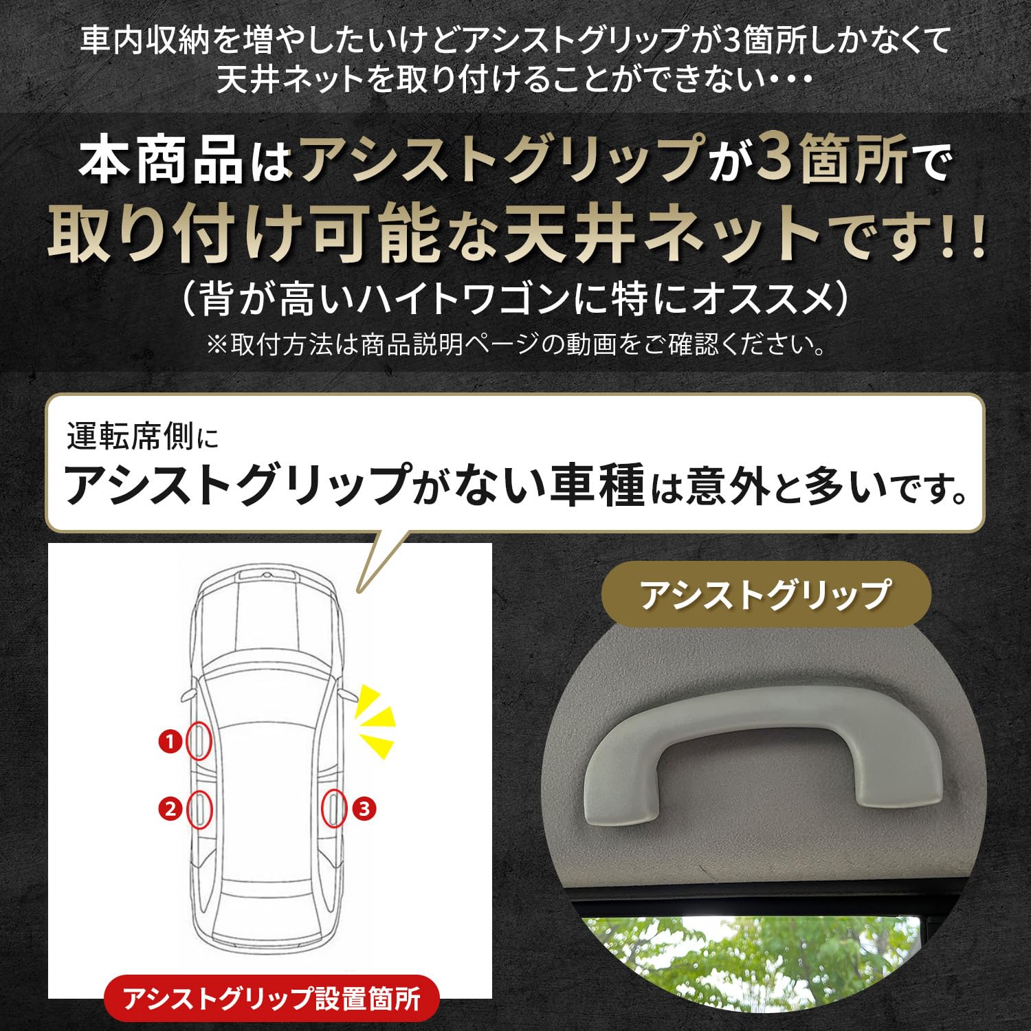 Amazon | RERAY CONNCT 車内 天井 収納 ネット アシストグリップ 3箇所